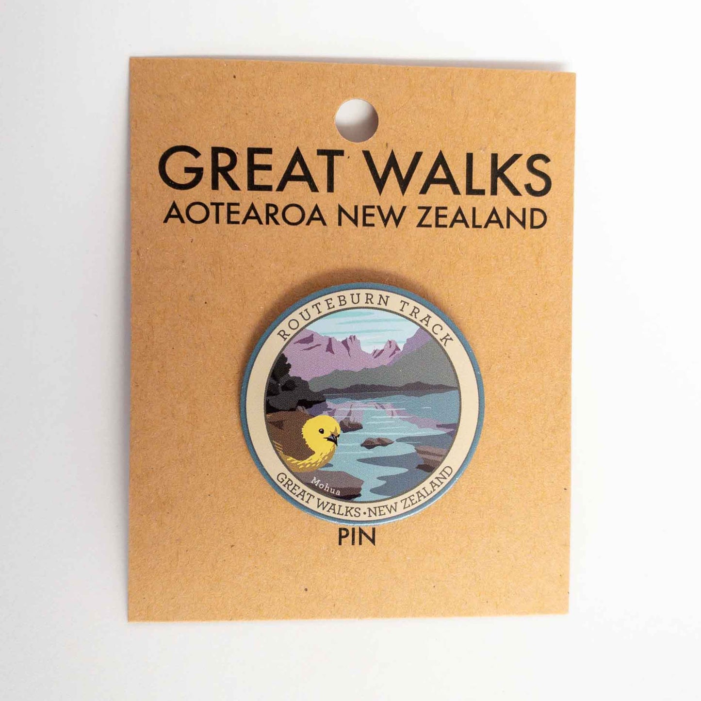 Oval Whanganui River Journey Track pin, with a kereru/wood pigeon, green and brown banks and a blue river, on brown kraft backing card.