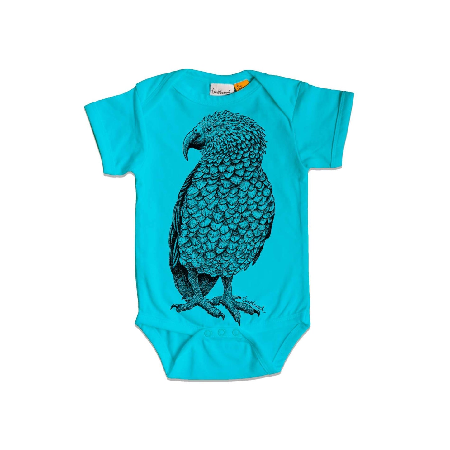 Short sleeved, blue, organic cotton, baby onesie featuring a screen printed Kea design.
design.