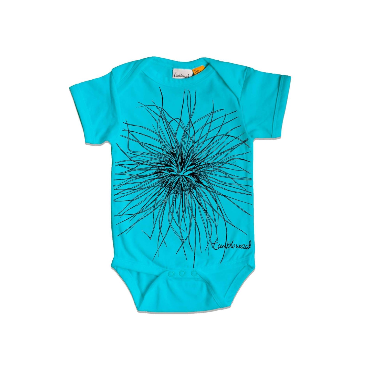 Short sleeved, blue, organic cotton, baby onesie featuring a screen printed Tumbleweed/Spinifex design.
design.