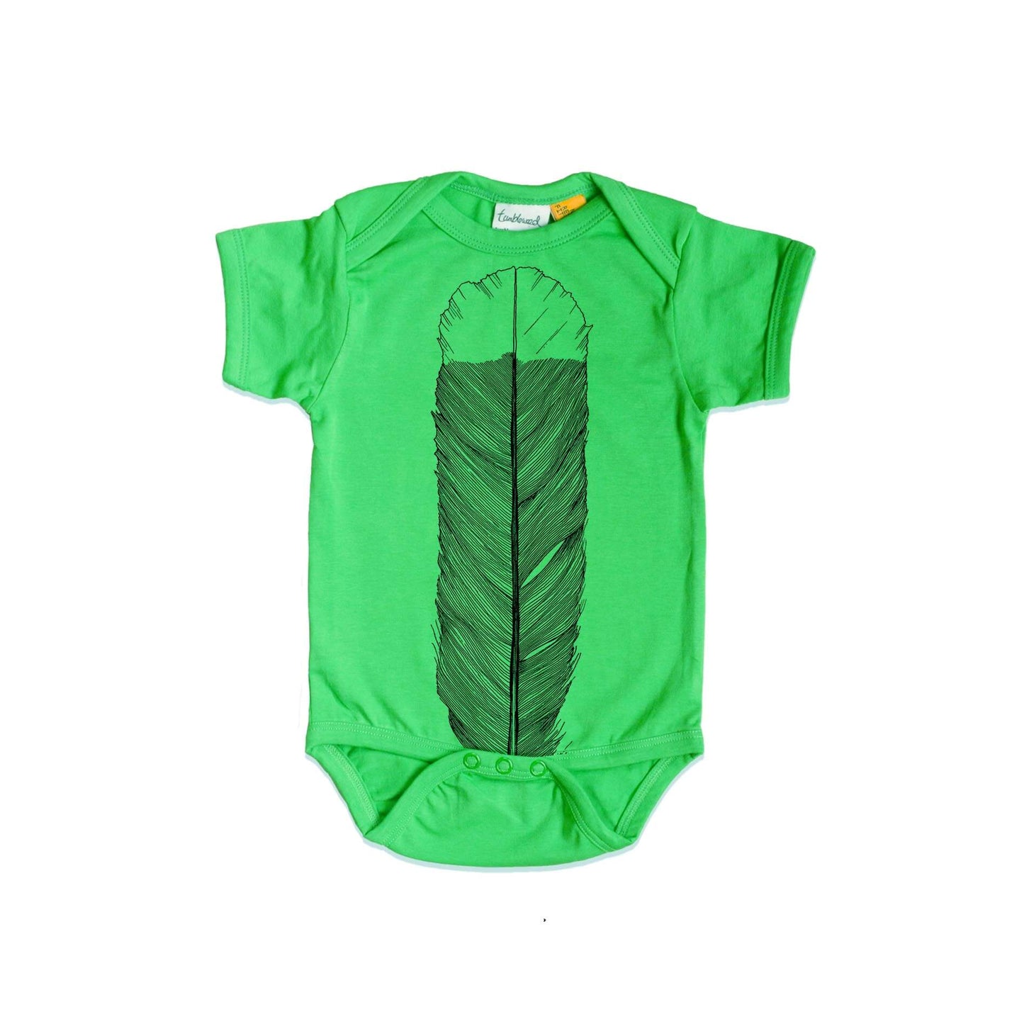 Short sleeved, green, organic cotton, baby onesie featuring a screen printed Huia Feather design.
design.