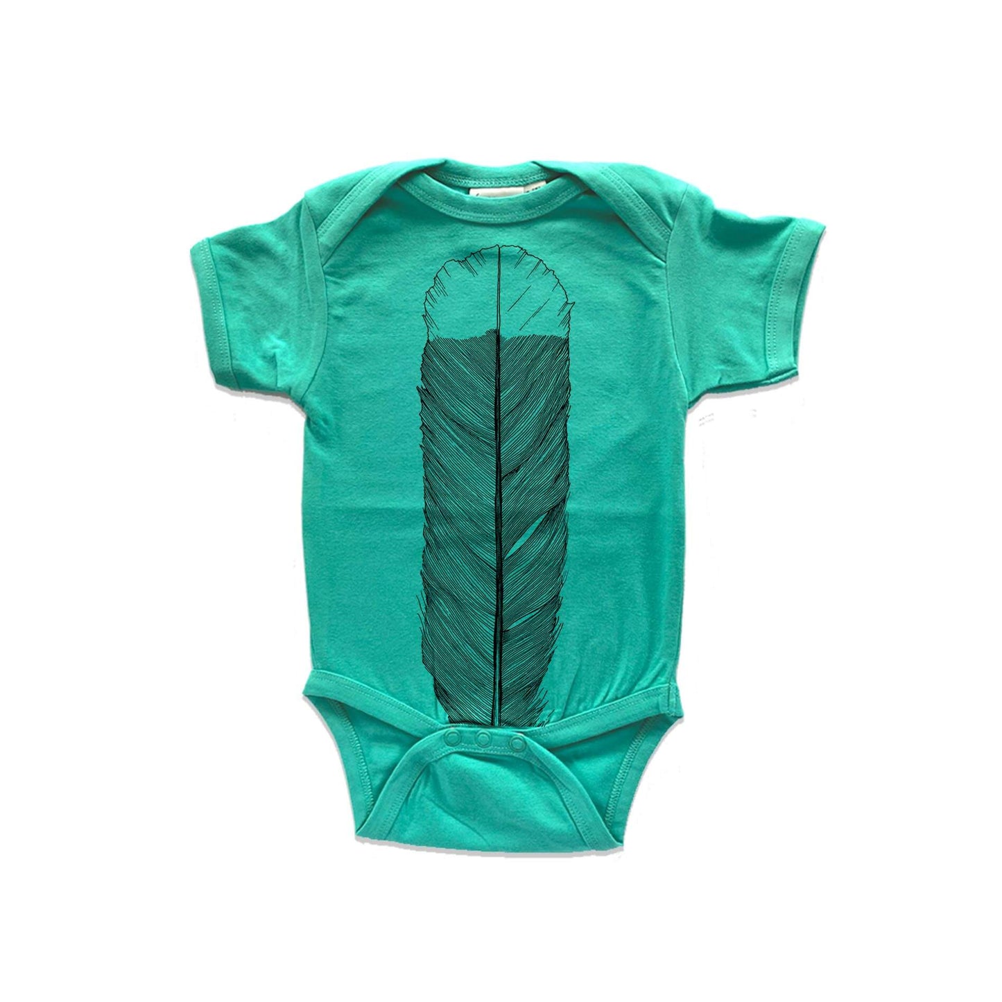 Short sleeved, marine, organic cotton, baby onesie featuring a screen printed Huia Feather design.
design.
