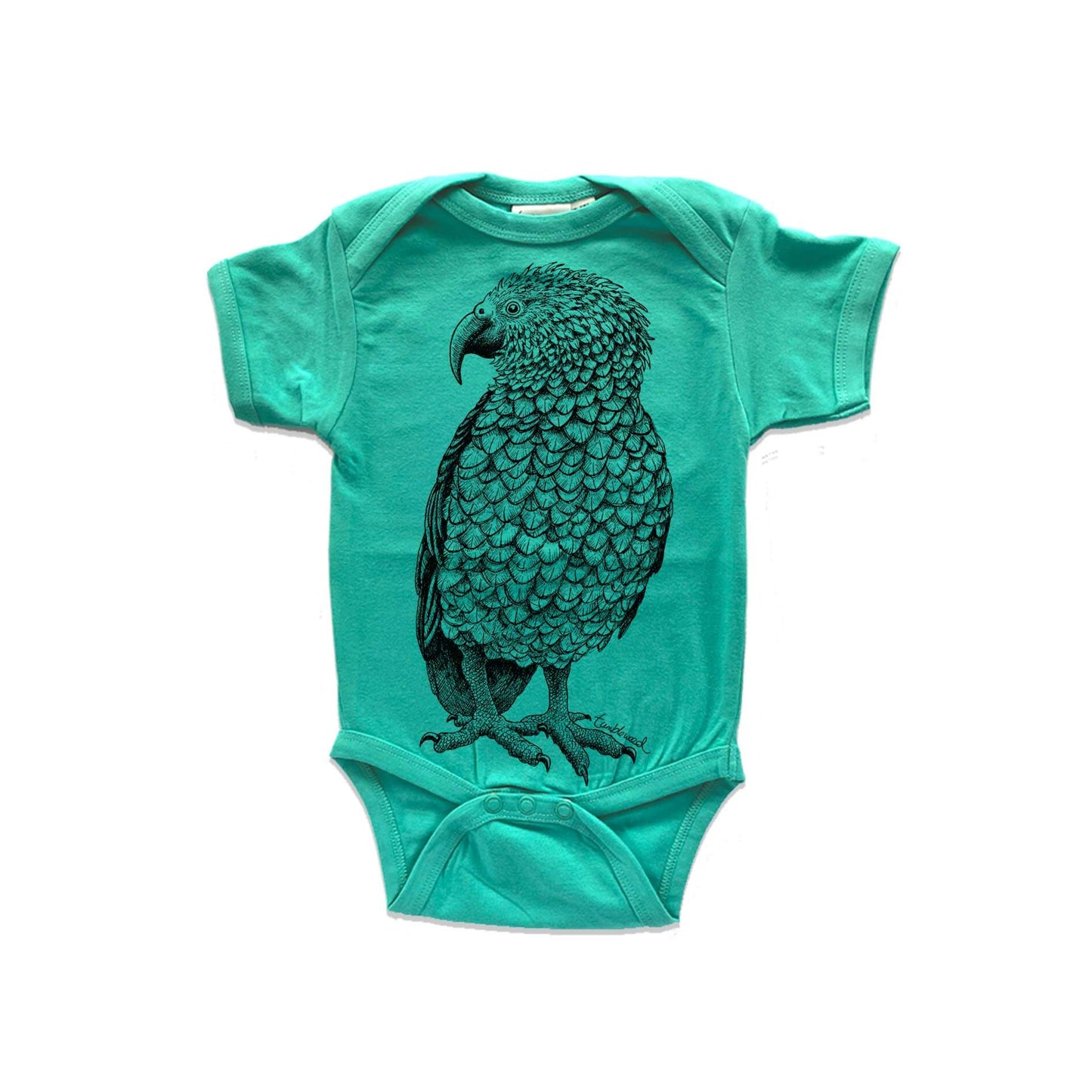 Short sleeved, marine, organic cotton, baby onesie featuring a screen printed Kea design.
design.