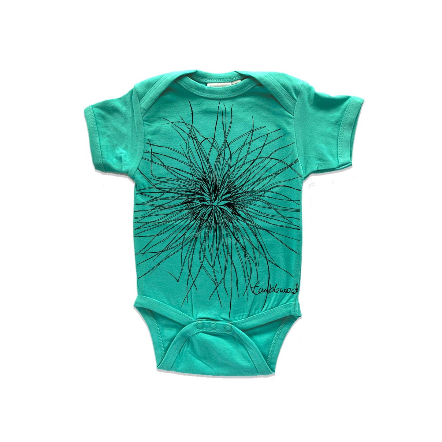 Short sleeved, marine, organic cotton, baby onesie featuring a screen printed Tumbleweed/Spinifex design.
design.