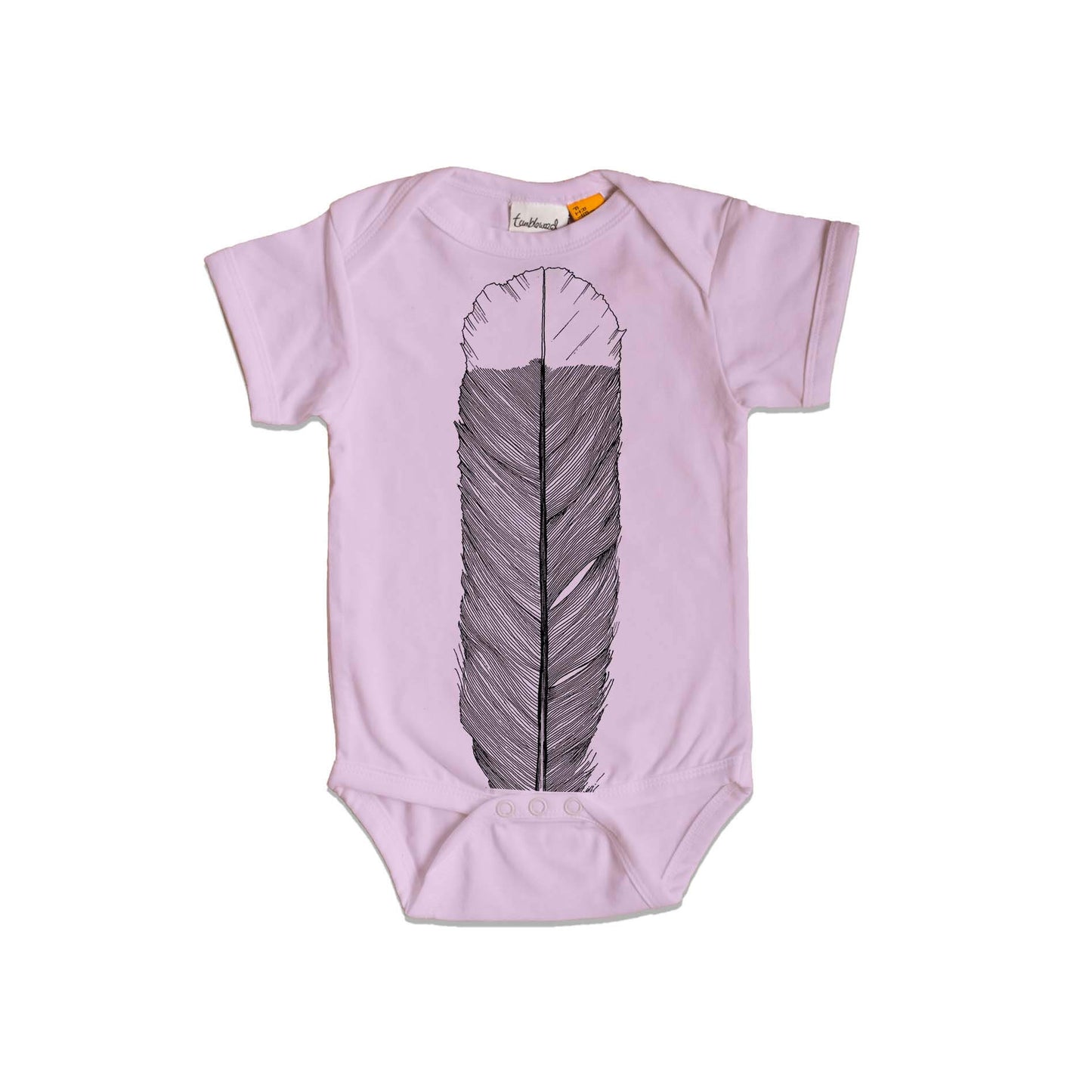 Short sleeved, purple, organic cotton, baby onesie featuring a screen printed Huia Feather design.
design.