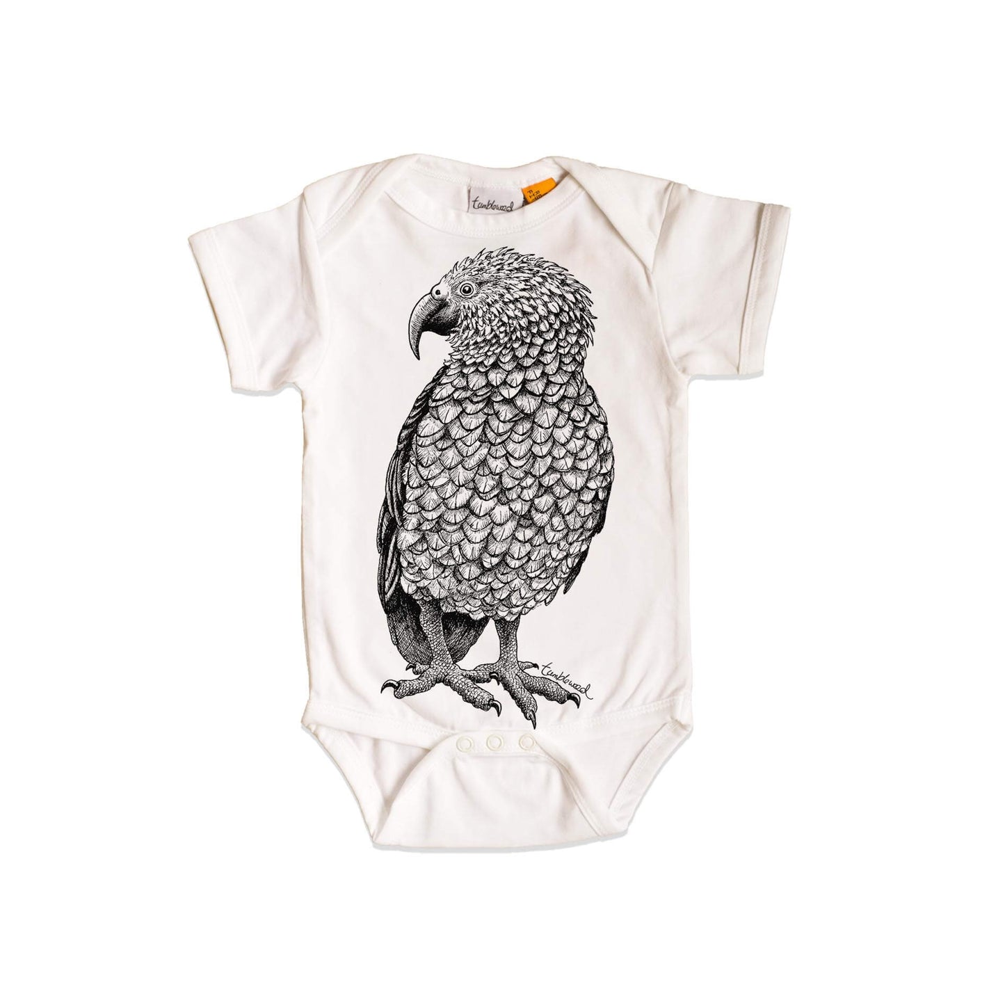 Short sleeved, white, organic cotton, baby onesie featuring a screen printed Kea design.
design.