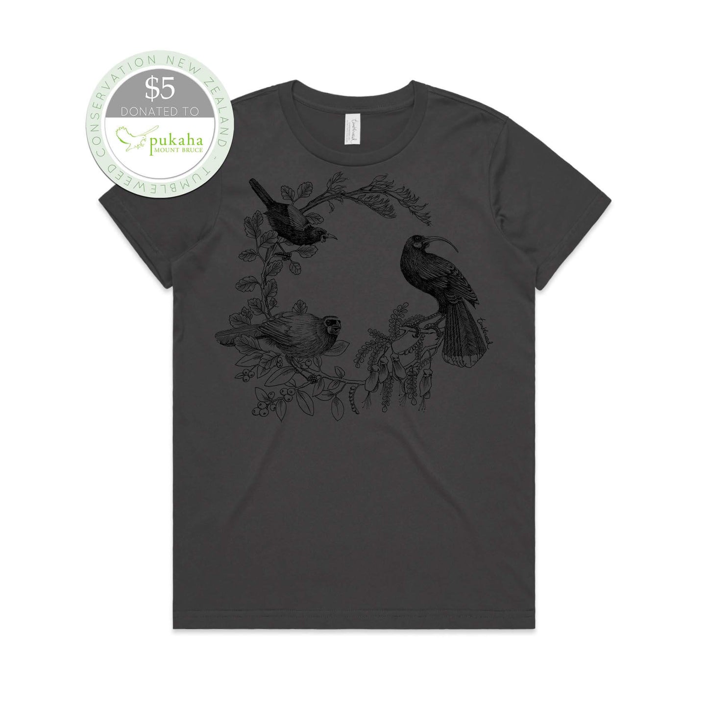 Charcoal, female t-shirt featuring a screen printed Kōkako huia saddleback/tīeke design.