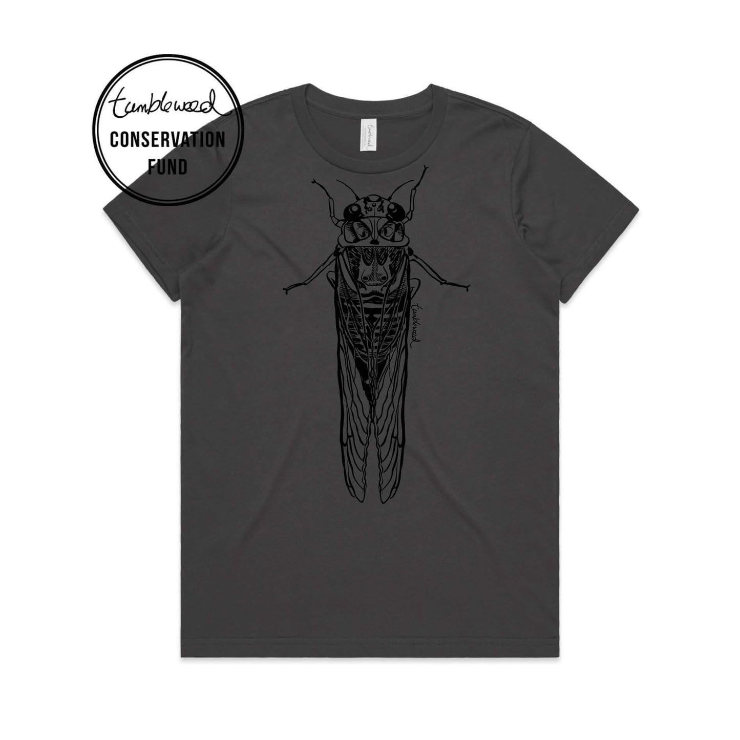 Charcoal, female t-shirt featuring a screen printed Cicada/kihikihi-wawā design.