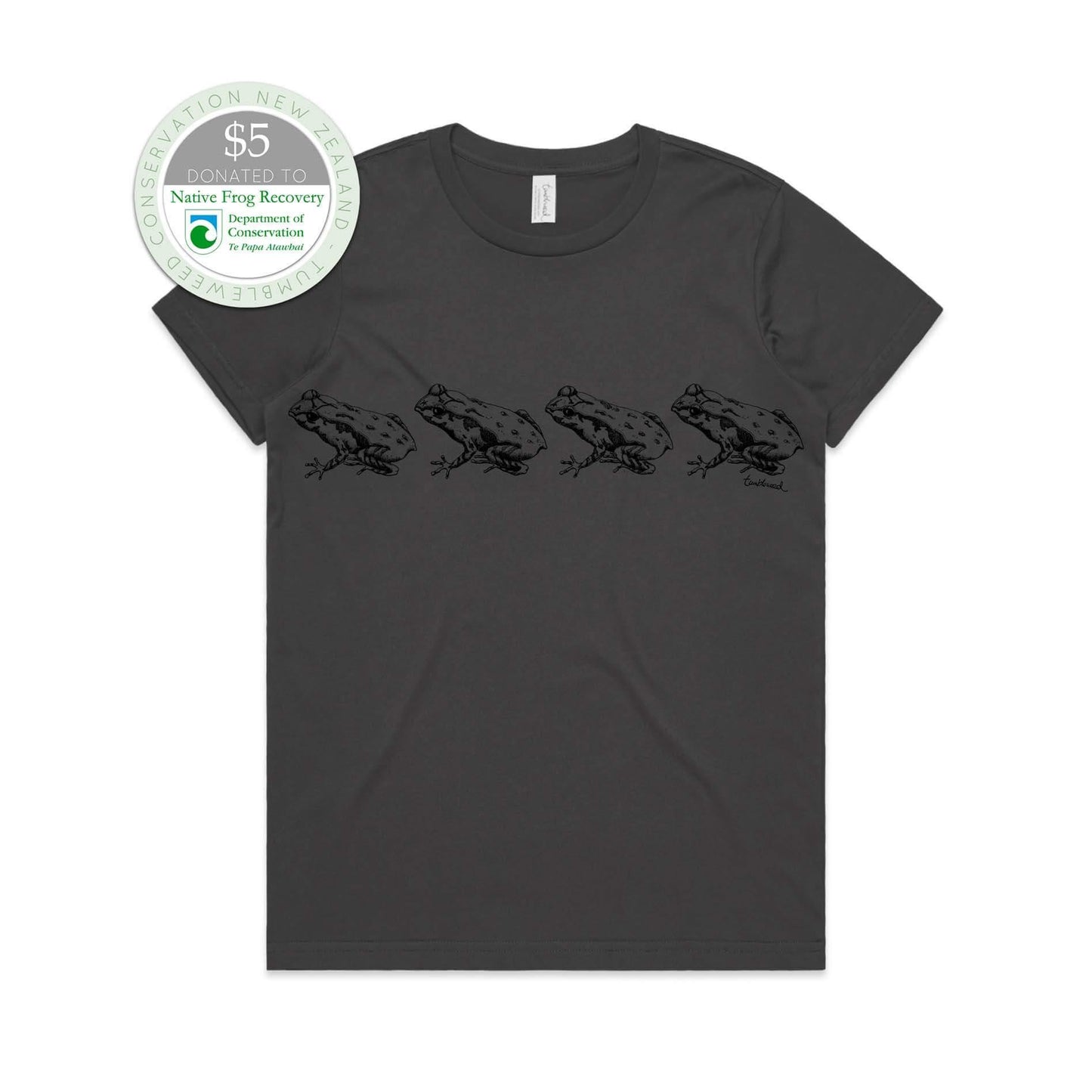 Charcoal, female t-shirt featuring a screen printed archey's frog design.