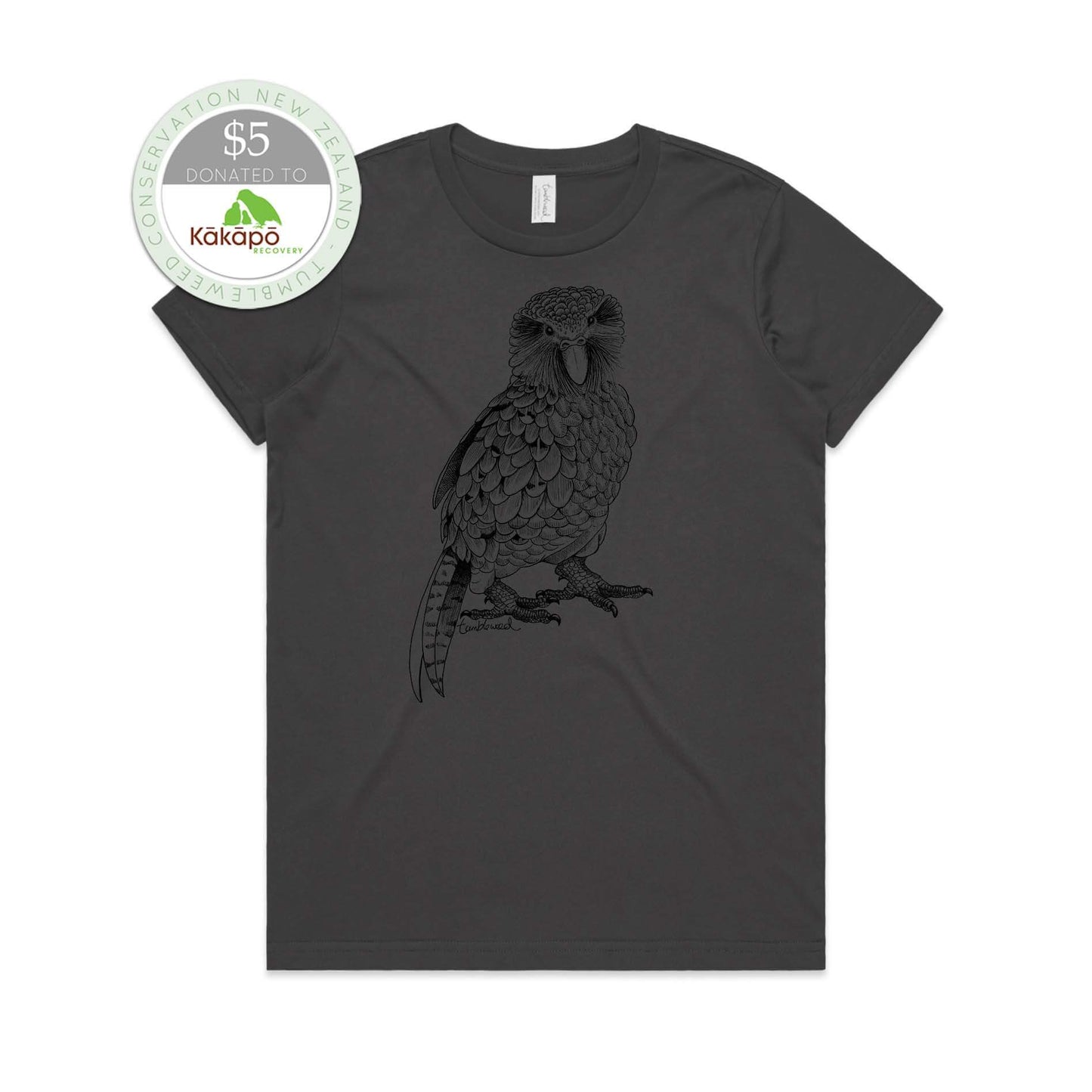 Charcoal, female t-shirt featuring a screen printed Kākāpō design.