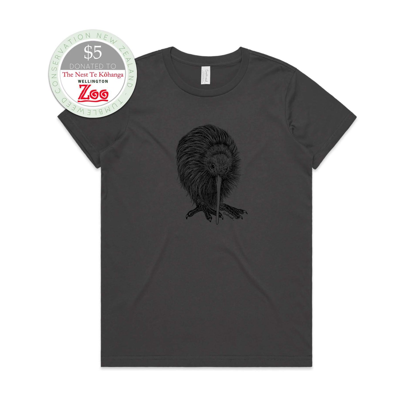 Charcoal, female t-shirt featuring a screen printed kiwi design.