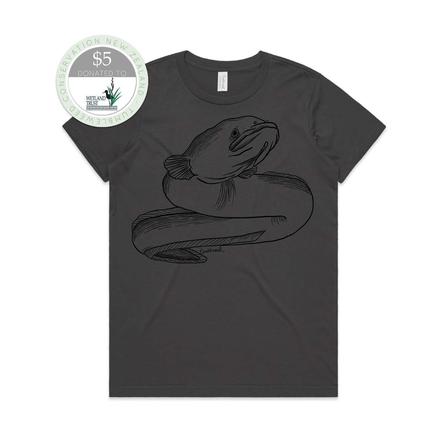 Charcoal, female t-shirt featuring a screen printed Longfin Eel/Tuna design.