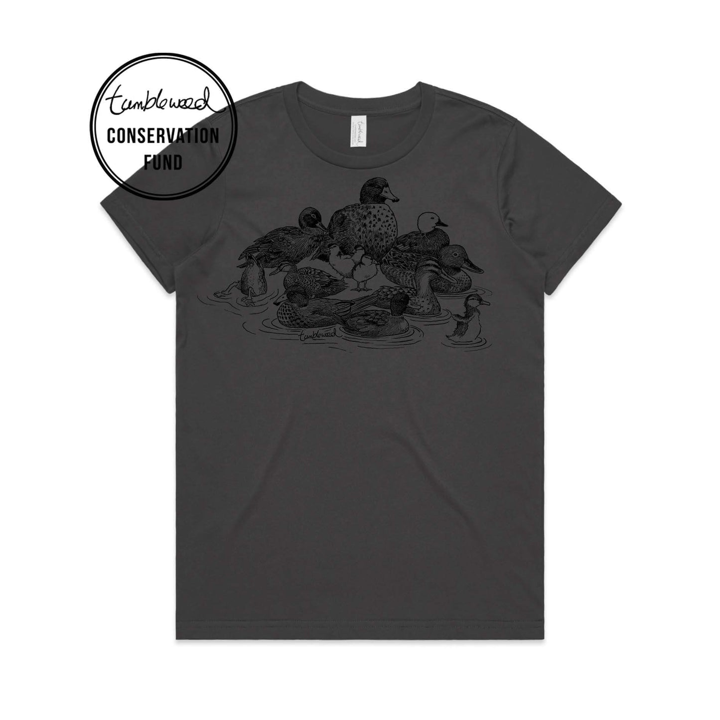 Charcoal, female t-shirt featuring a screen printed NZ Ducks design.