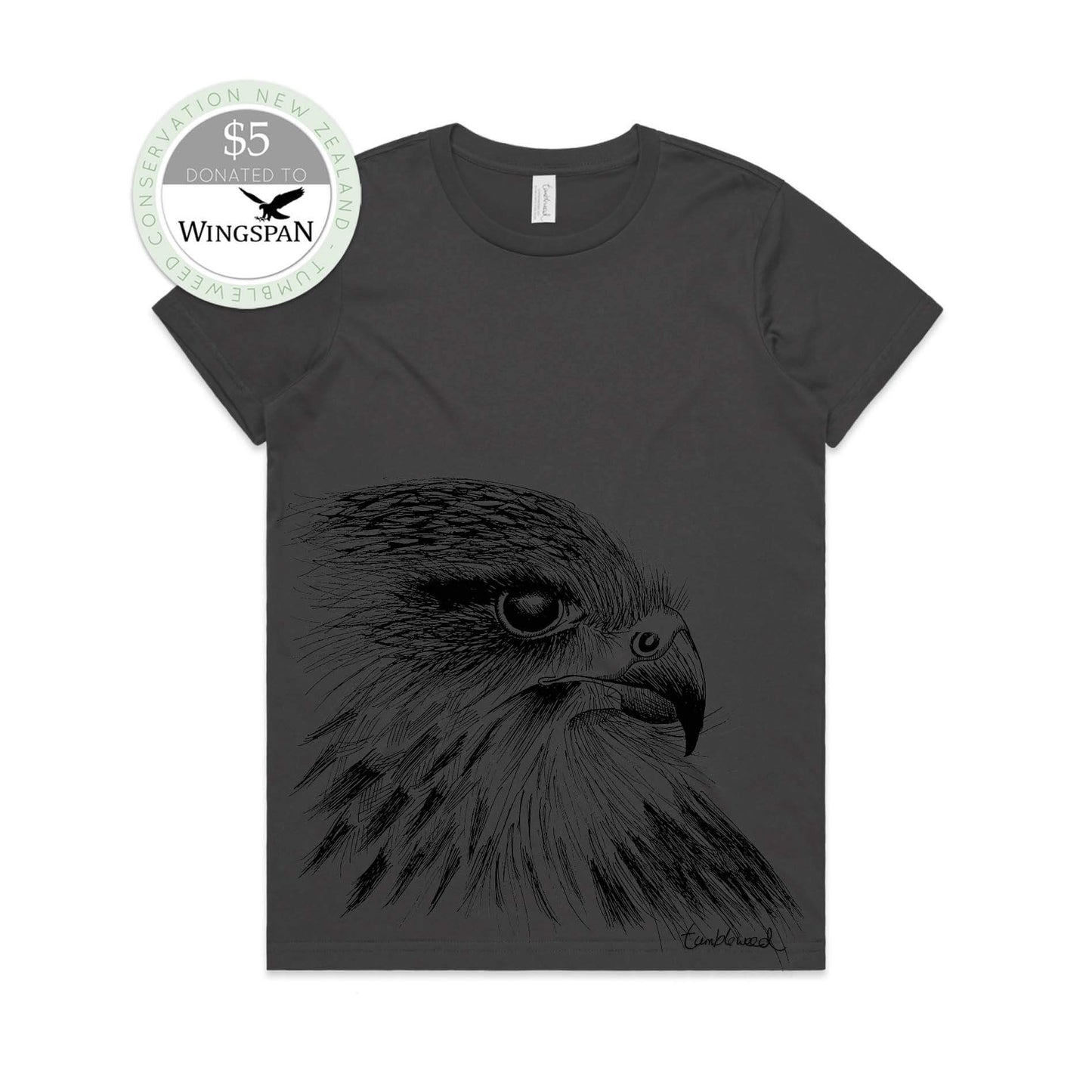 Charcoal, female t-shirt featuring a screen printed Kārearea/NZ Falcon design.