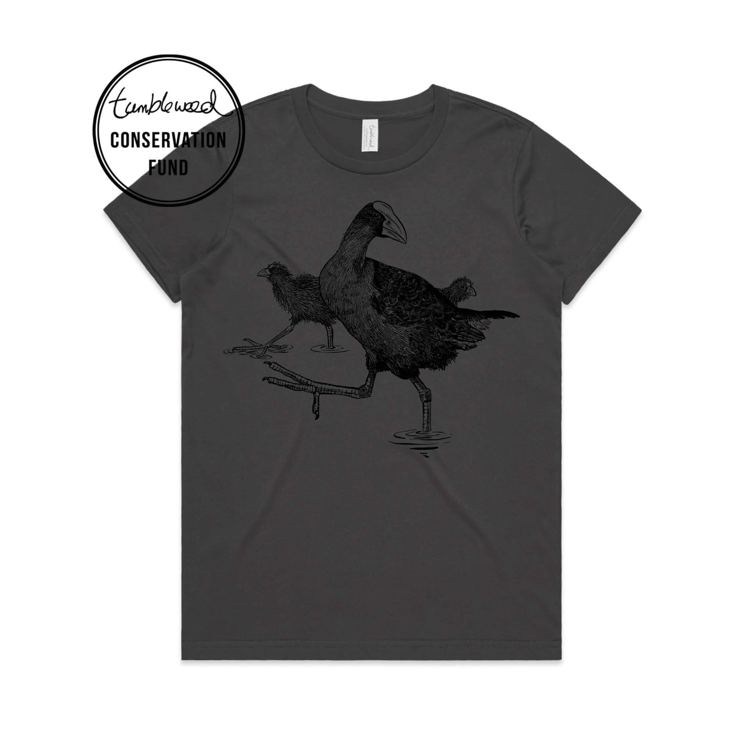 Charcoal, female t-shirt featuring a screen printed Pūkeko design.