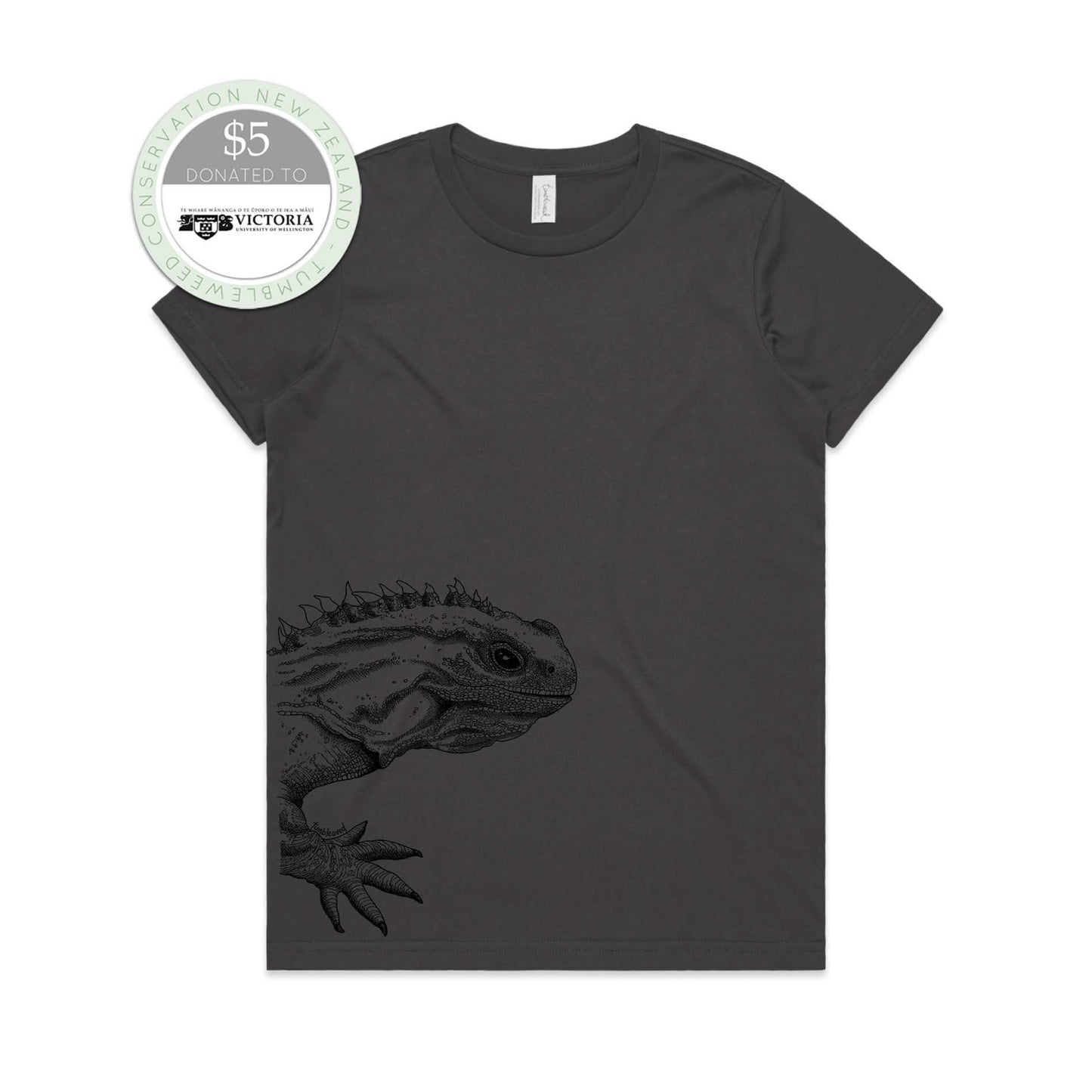 Charcoal, female t-shirt featuring a screen printed Tuatara design.