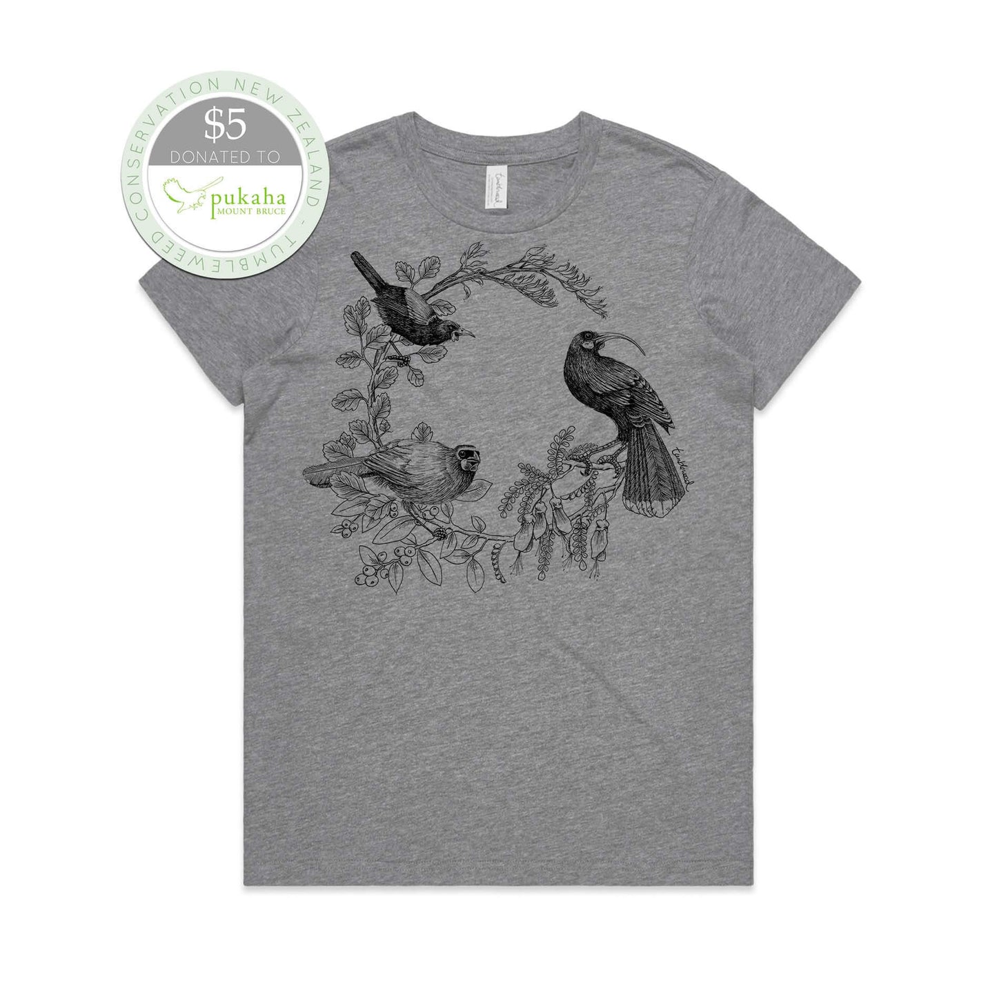 Grey marle, female t-shirt featuring a screen printed Kōkako huia saddleback/tīeke design.