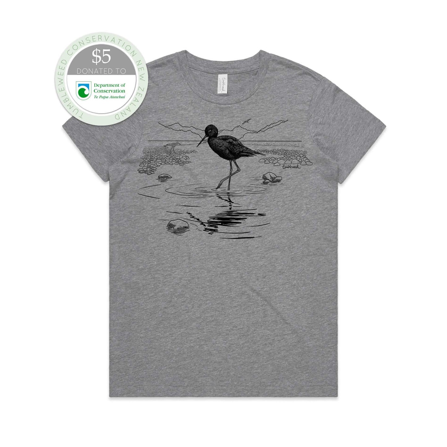 Grey marle, female t-shirt featuring a screen printed black stilt/kaki design.