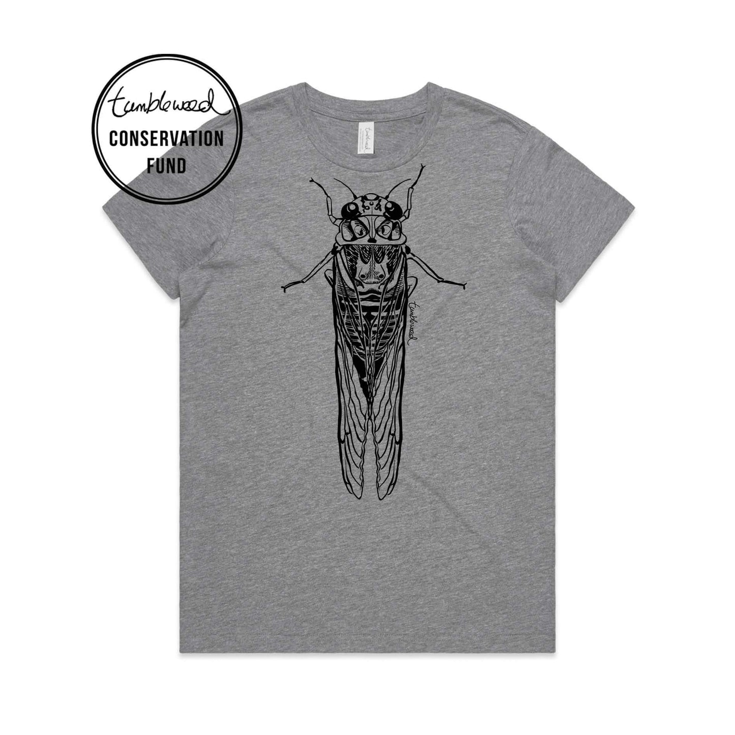 Grey marle, female t-shirt featuring a screen printed Cicada/kihikihi-wawā design.