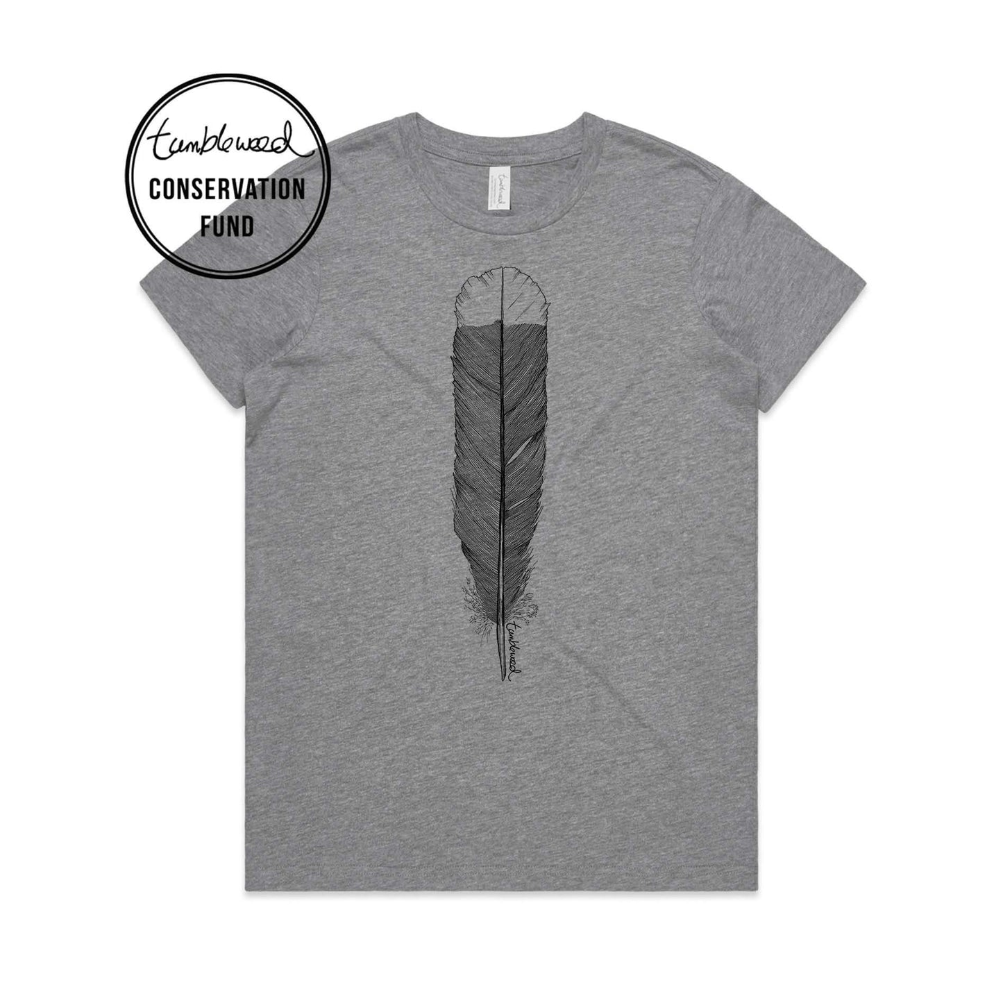 Grey marle, female t-shirt featuring a screen printed huia feather design.