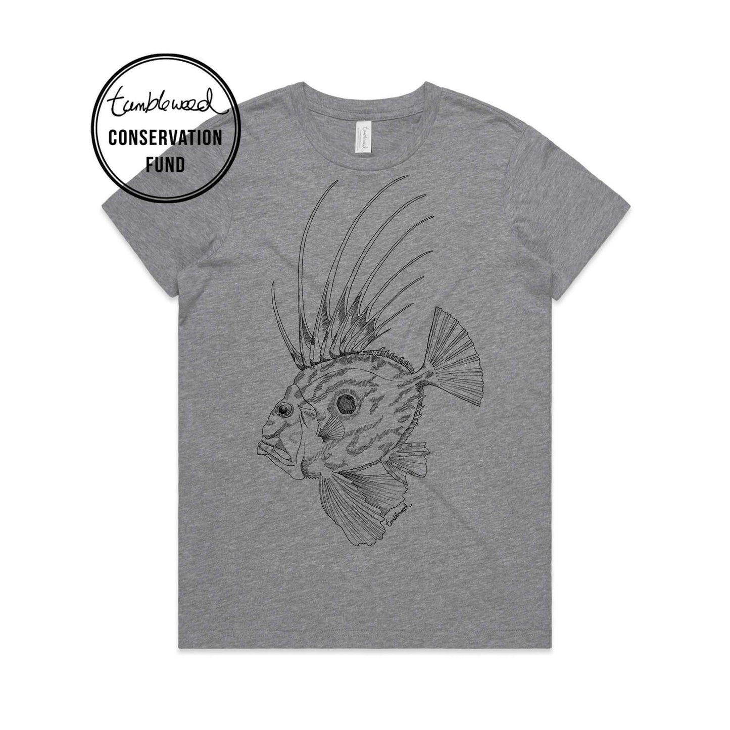 Grey marle, female t-shirt featuring a screen printed john dory design.
