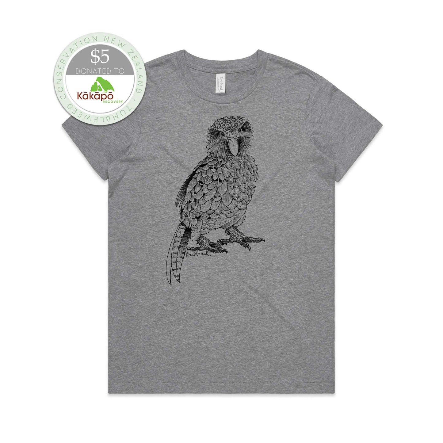 Grey marle, female t-shirt featuring a screen printed Kākāpō design.