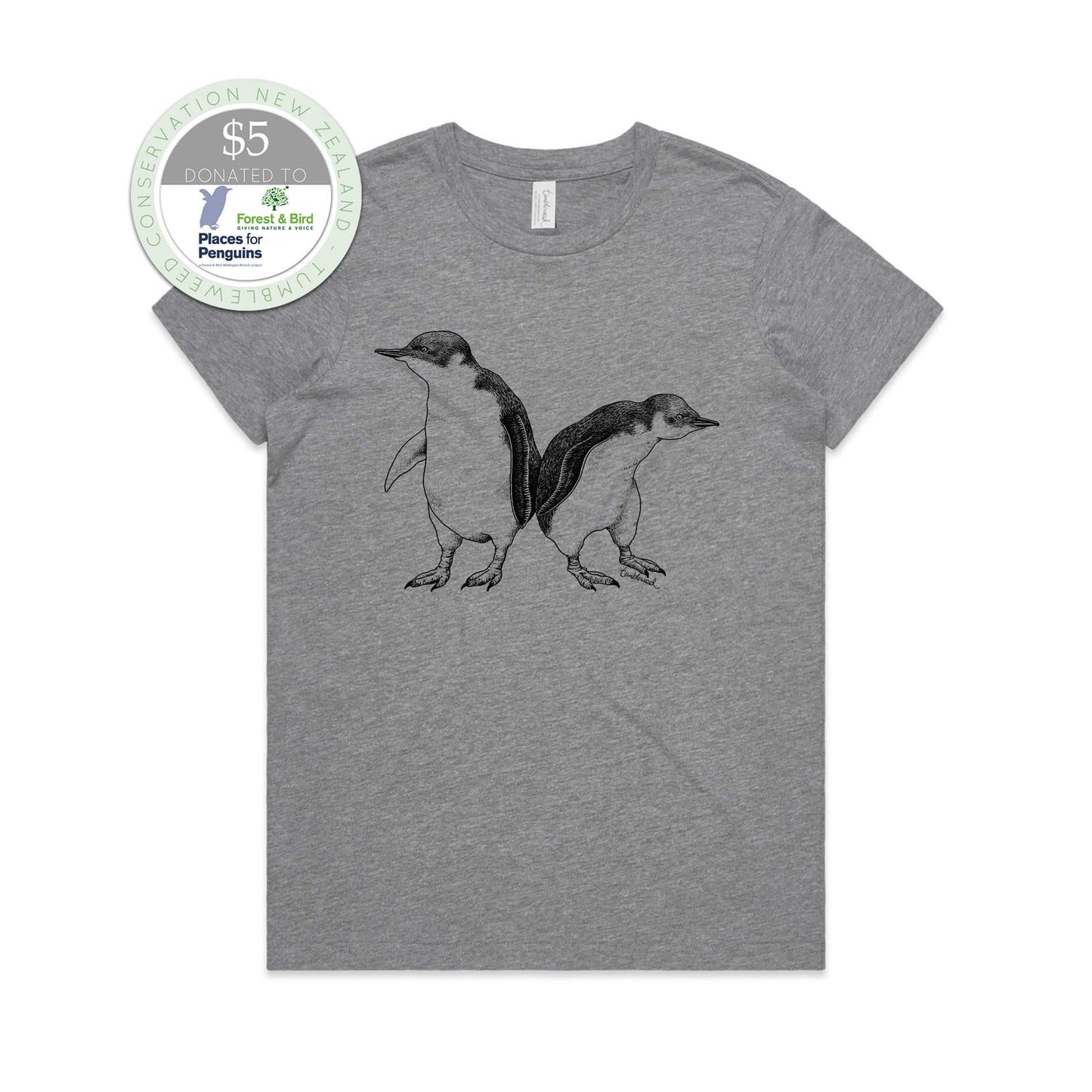 Grey marle, female t-shirt featuring a screen printed Little Blue Penguin design.