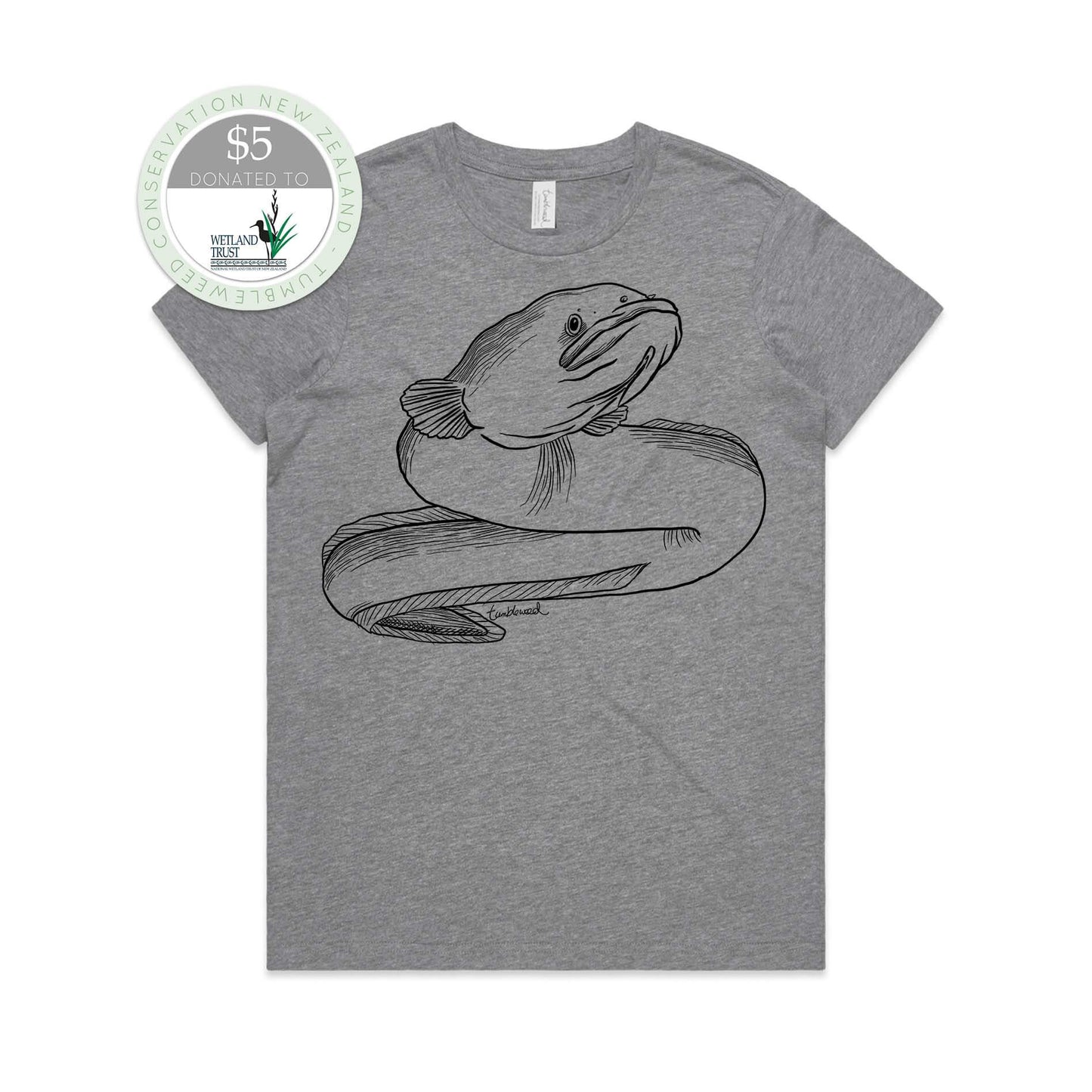 Grey marle, female t-shirt featuring a screen printed Longfin Eel/Tuna design.