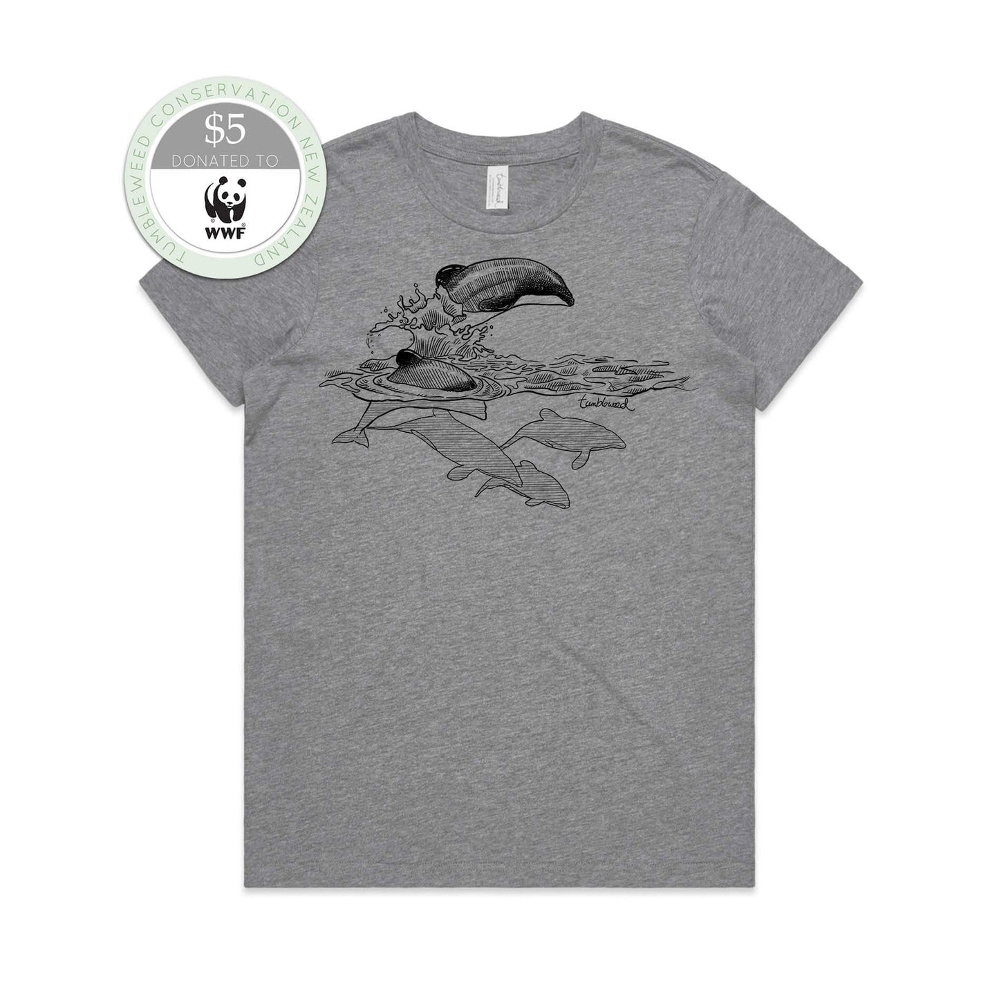 Grey marle, female t-shirt featuring a screen printed Māui dolphin design.