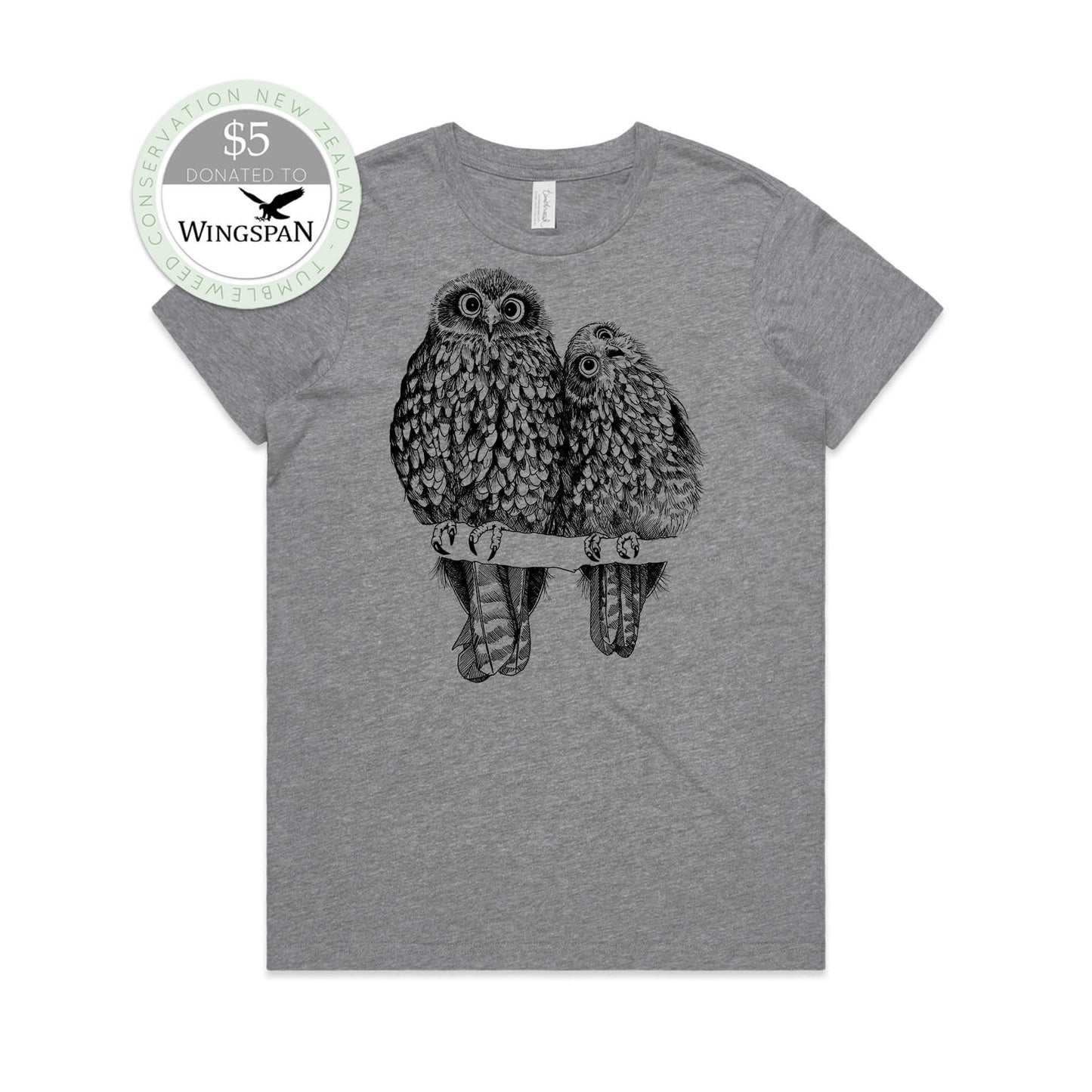 Grey marle, female t-shirt featuring a screen printed Morepork/Ruru design.
