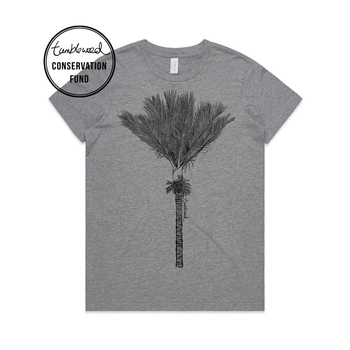 Grey marle, female t-shirt featuring a screen printed Nīkau design.