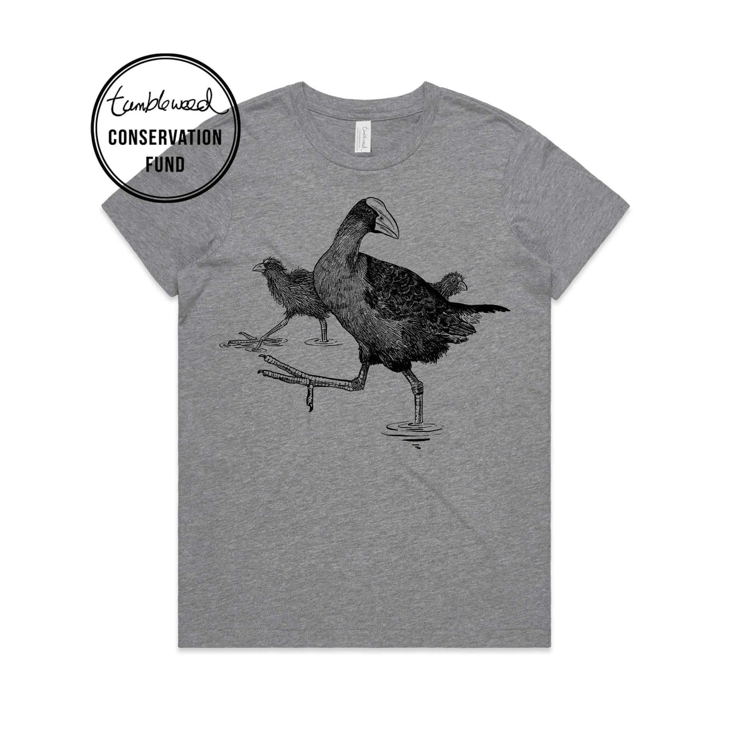 Grey marle, female t-shirt featuring a screen printed Pūkeko design.
