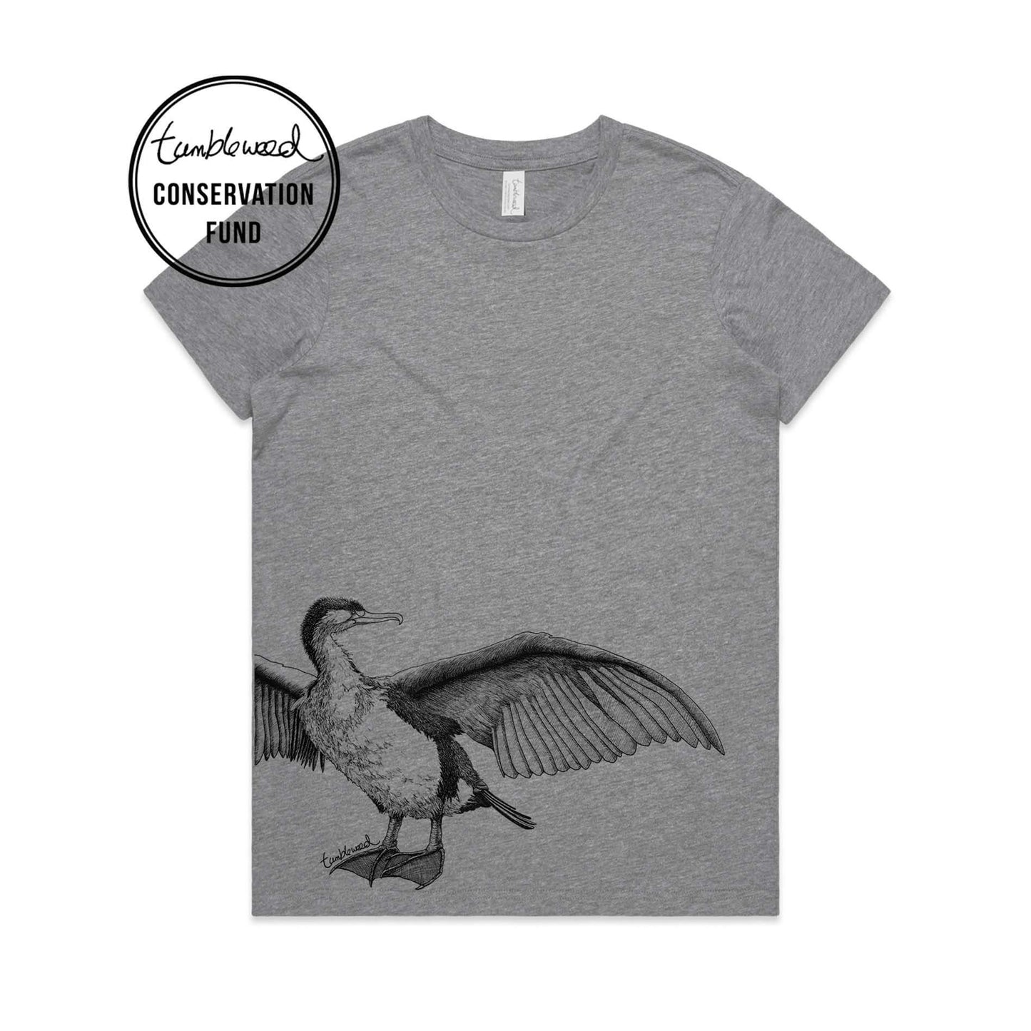Grey marle, female t-shirt featuring a screen printed Shag design.