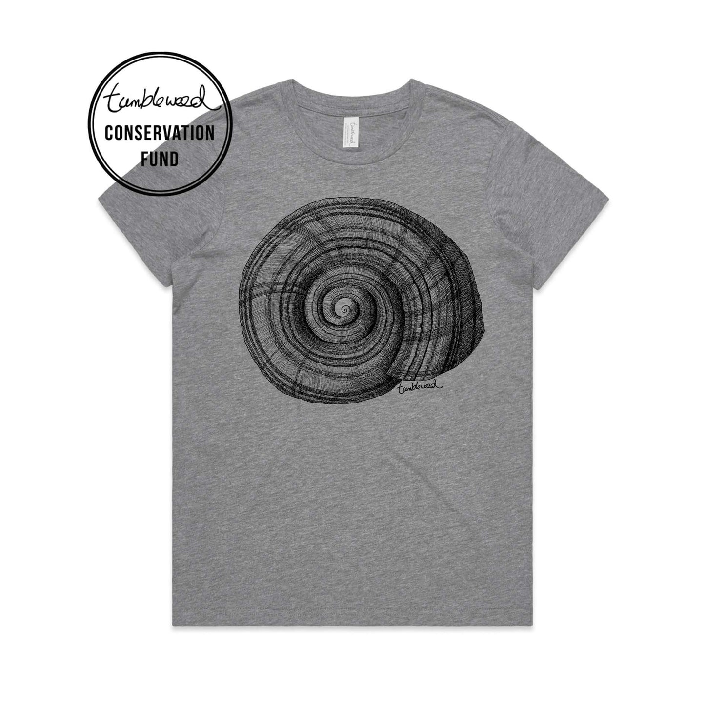 Grey marle, female t-shirt featuring a screen printed NZ Snail design.