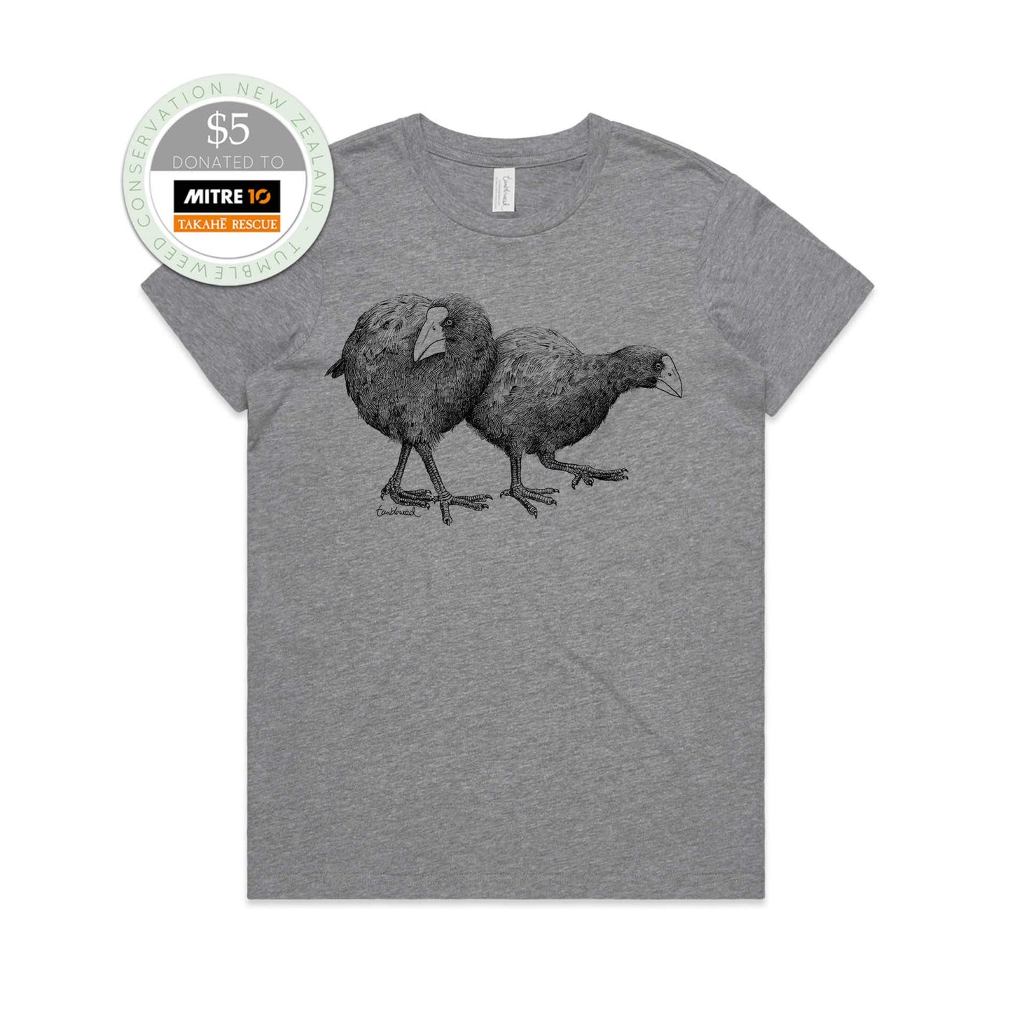 Grey marle, female t-shirt featuring a screen printed Takahē design.