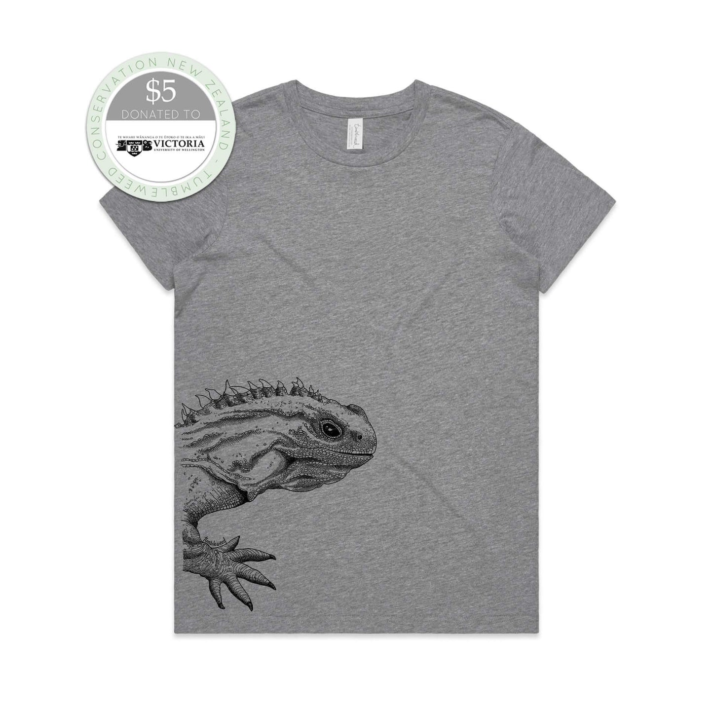 Grey marle, female t-shirt featuring a screen printed Tuatara design.
