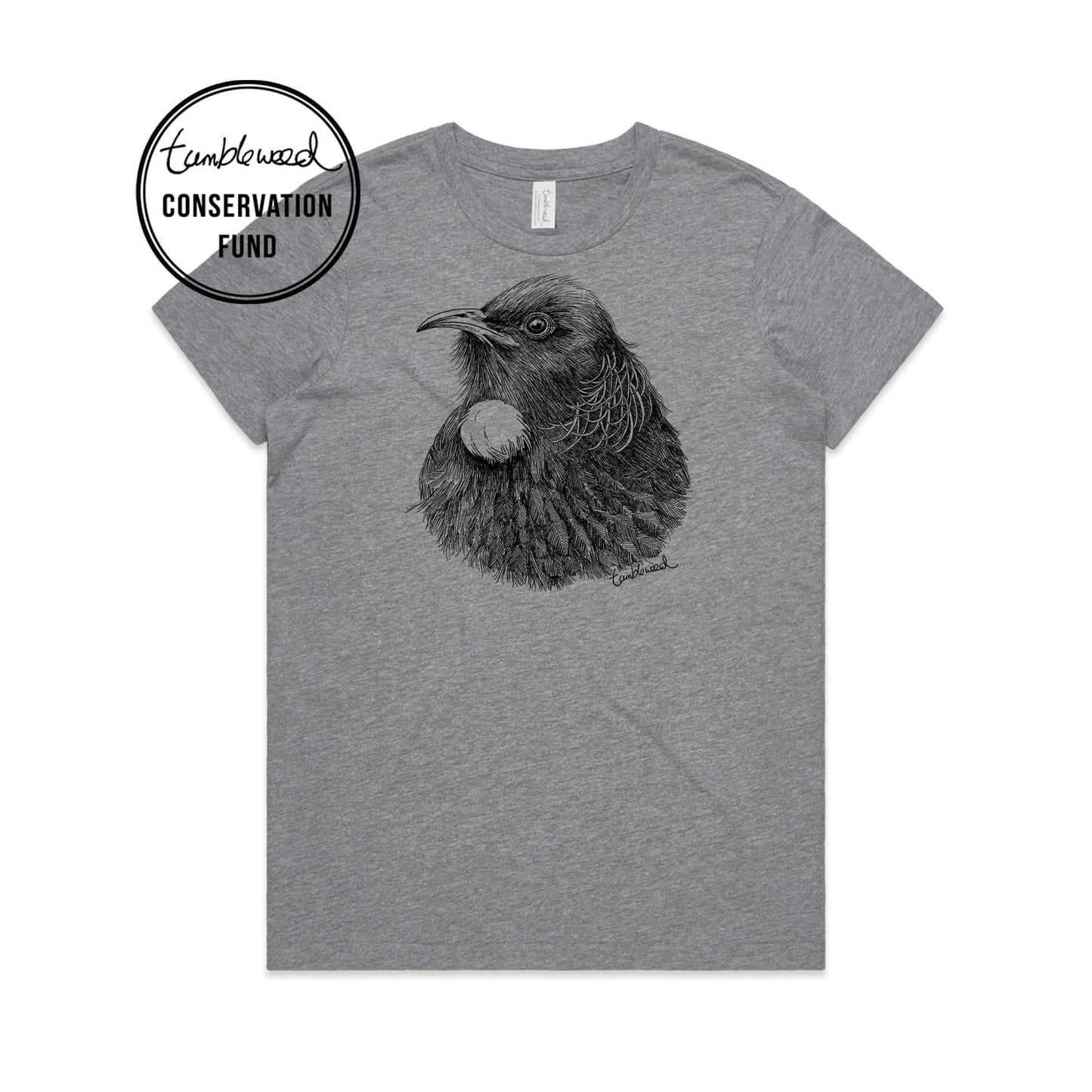 Grey marle, female t-shirt featuring a screen printed Tui design.