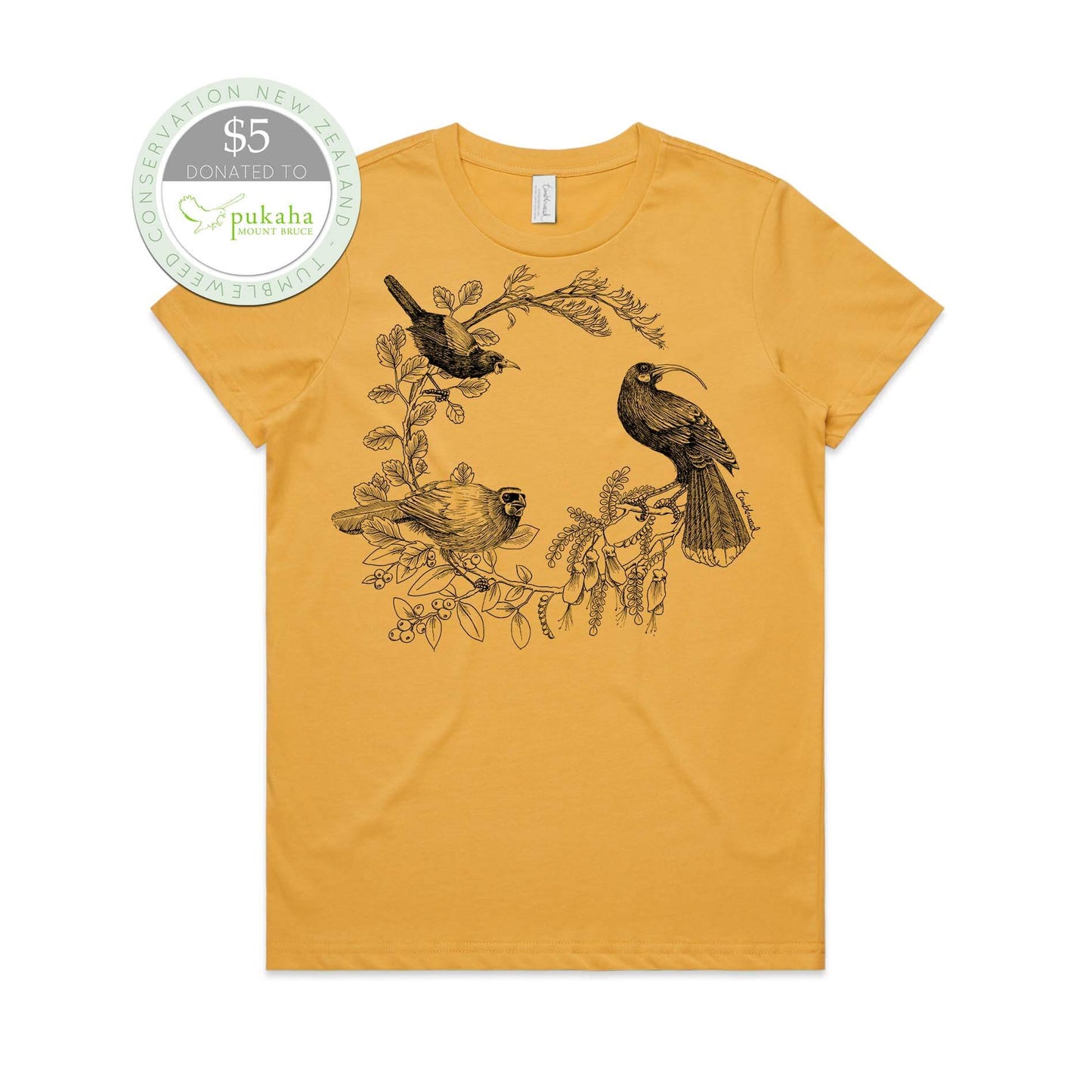 Mustard, female t-shirt featuring a screen printed Kōkako huia saddleback/tīeke design.