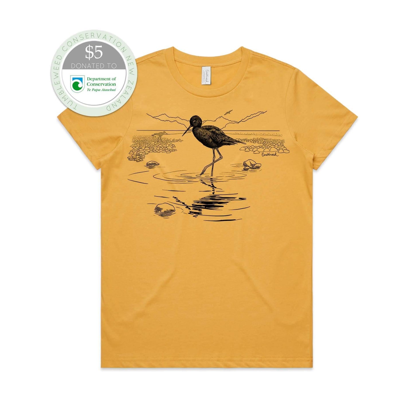 Mustard, female t-shirt featuring a screen printed black stilt/kaki design.
