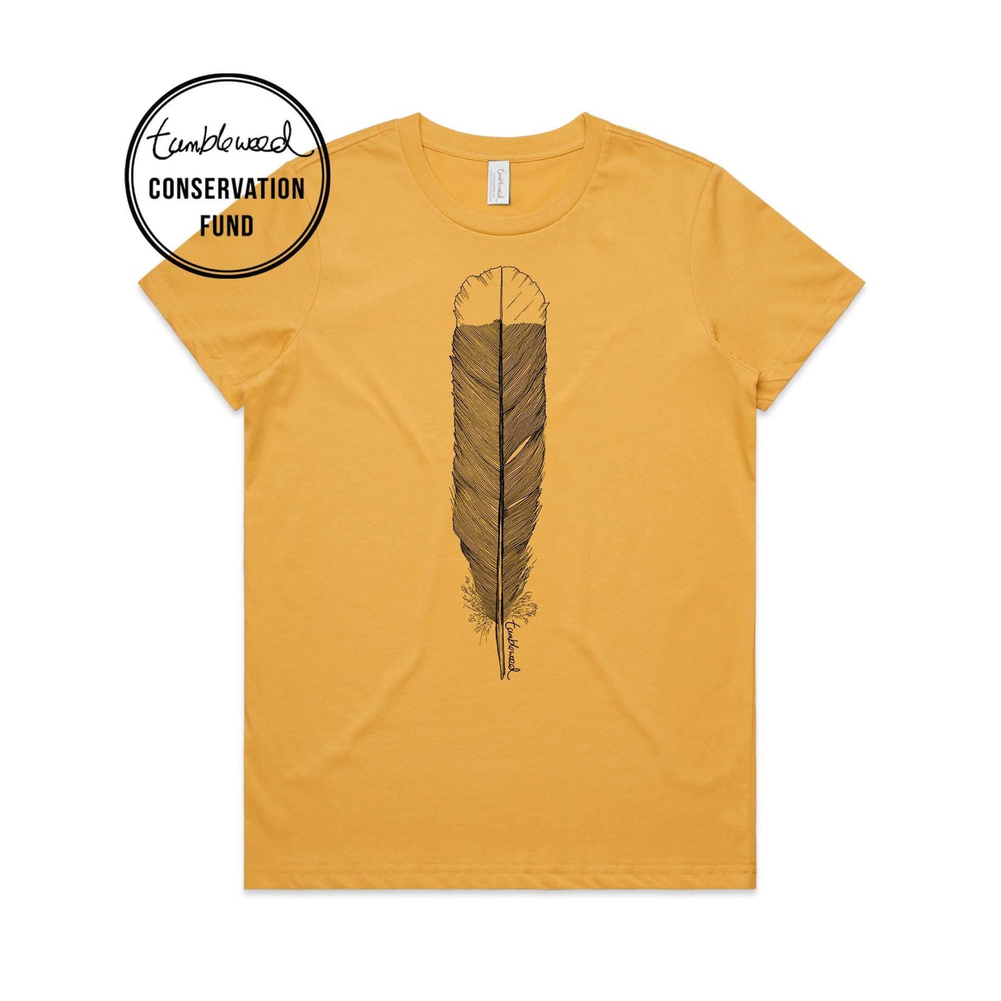 Mustard, female t-shirt featuring a screen printed black huia feather design.