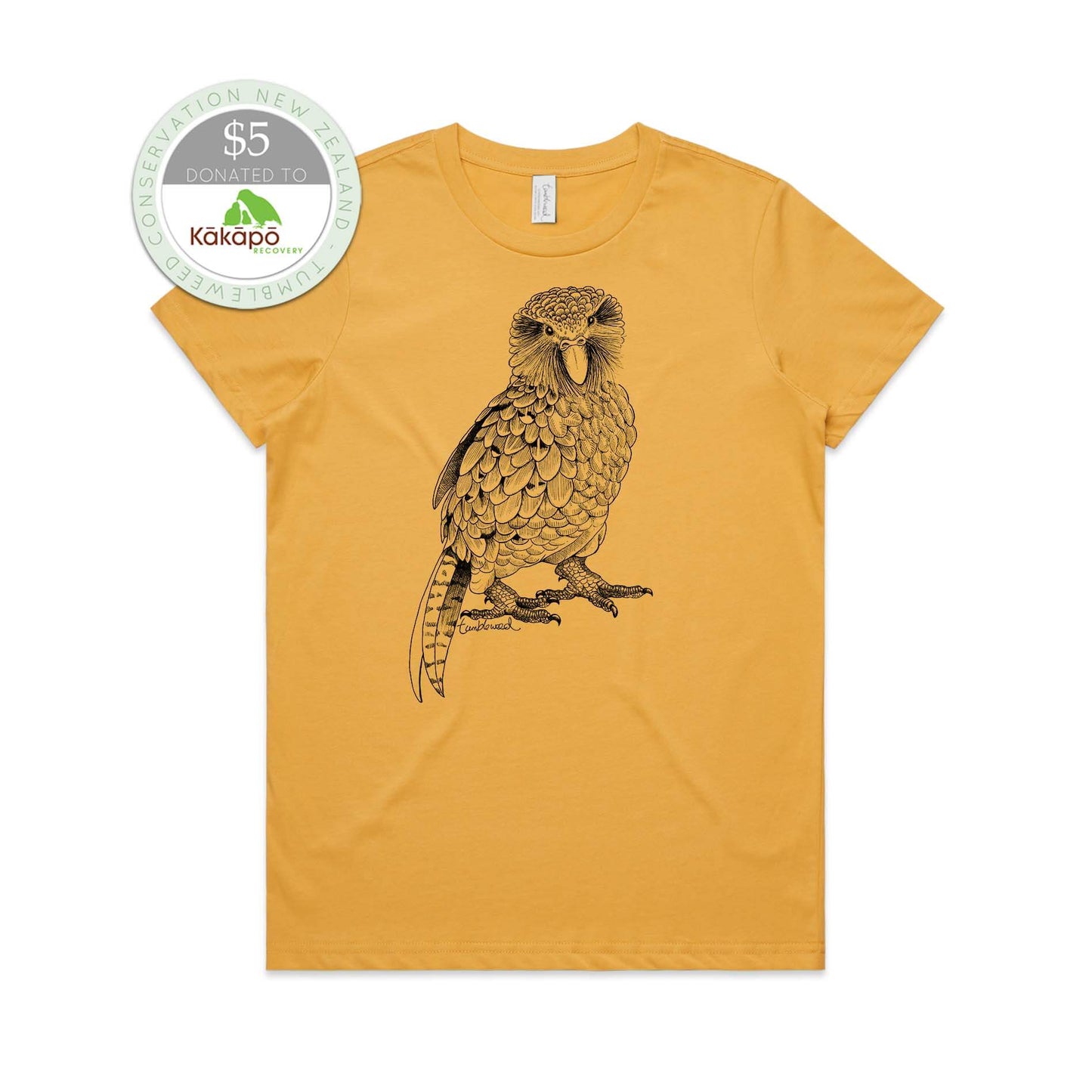 Mustard, female t-shirt featuring a screen printed black Kākāpō design.