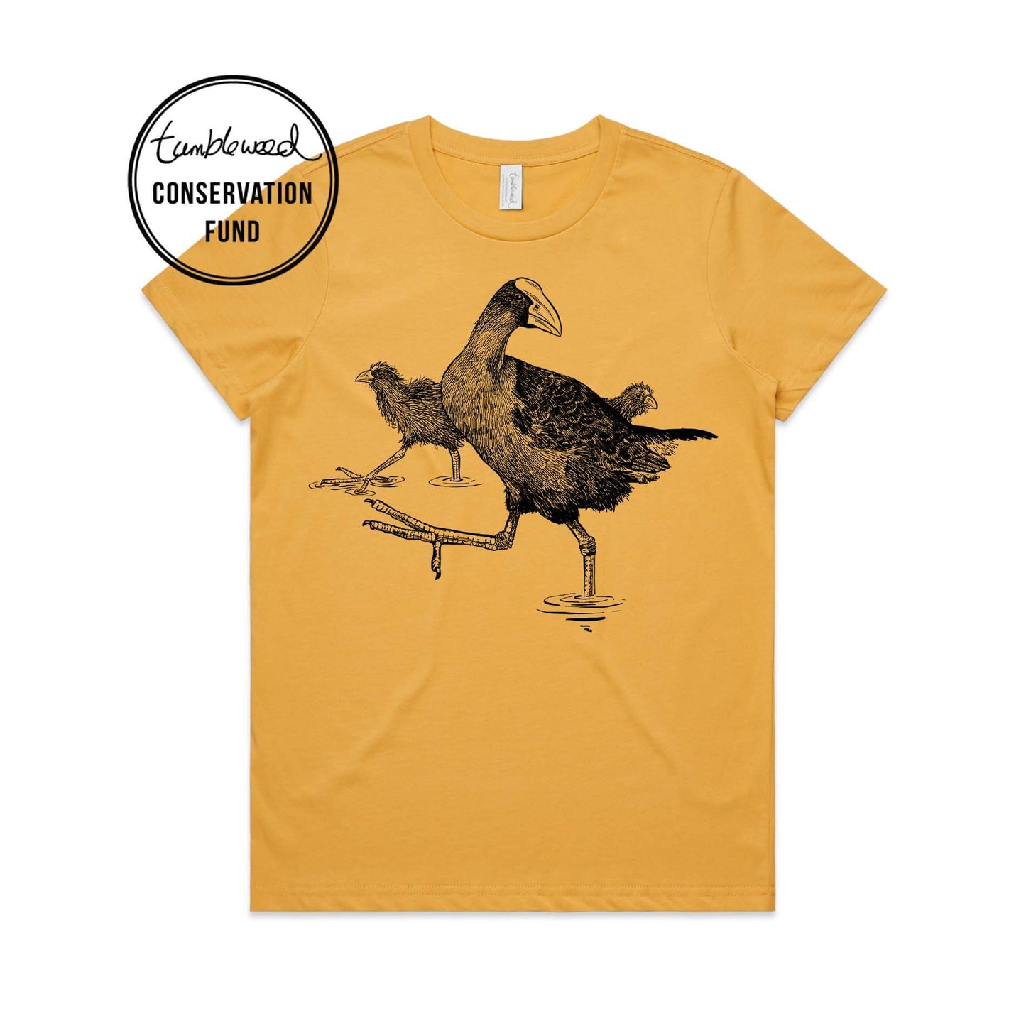 Mustard, female t-shirt featuring a screen printed Pūkeko design.