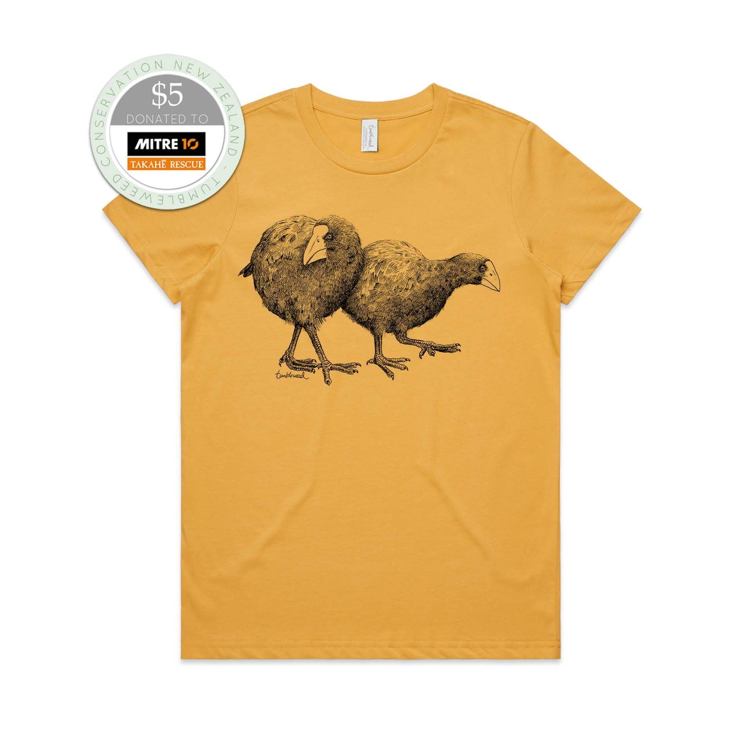 Mustard, female t-shirt featuring a screen printed Takahē design.