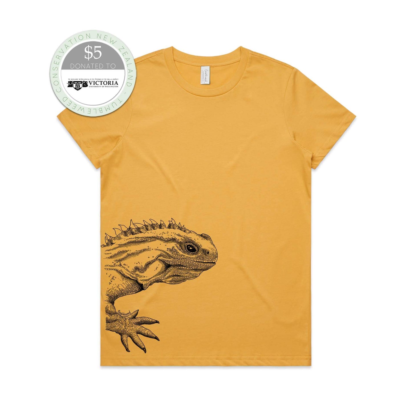 Mustard, female t-shirt featuring a screen printed Tuatara design.