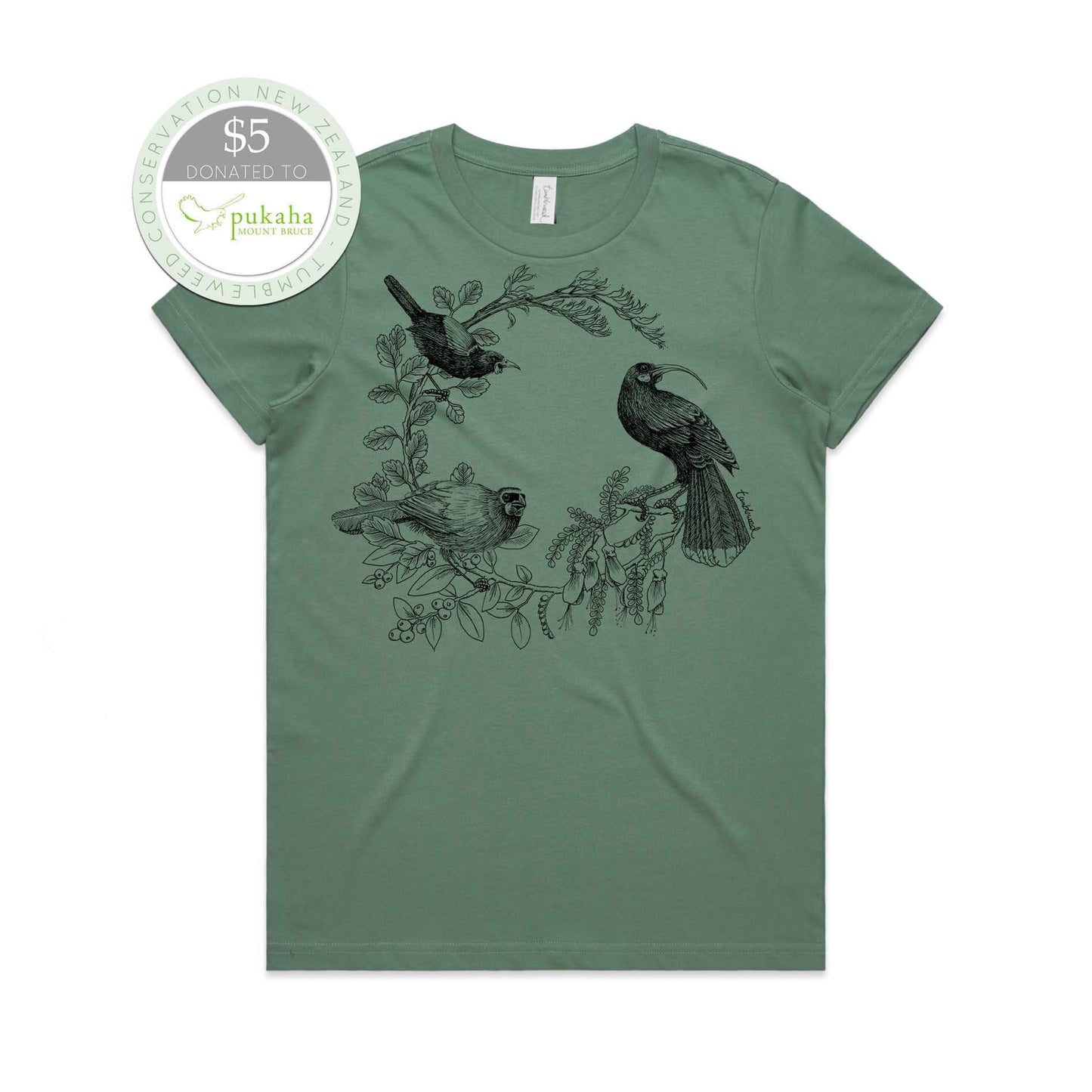 Sage, female t-shirt featuring a screen printed Kōkako huia saddleback/tīeke design.