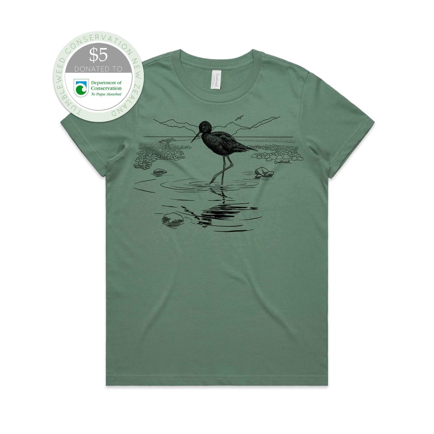 Sage, female t-shirt featuring a screen printed black stilt/kaki design.