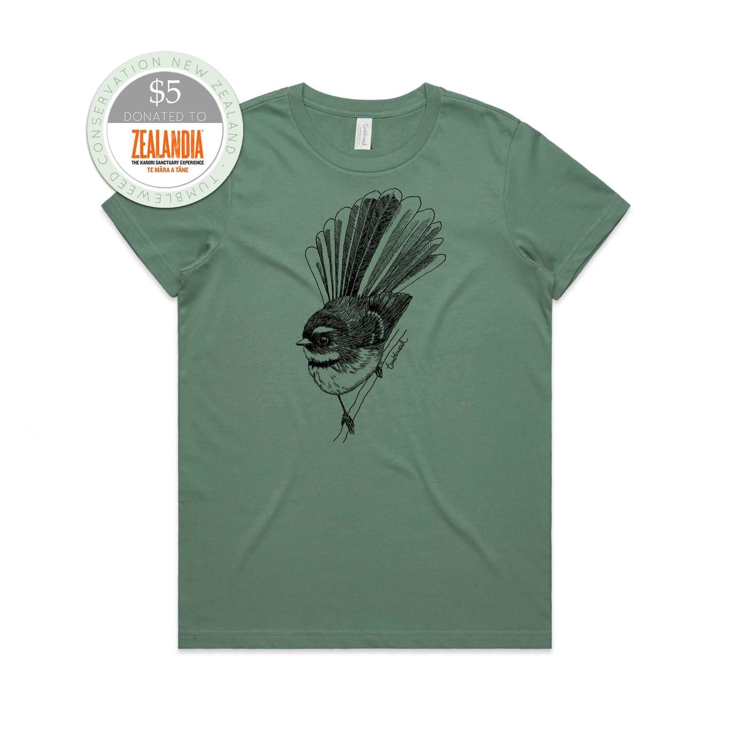 Sage, female t-shirt featuring a screen printed Fantail/Pīwakawaka design.