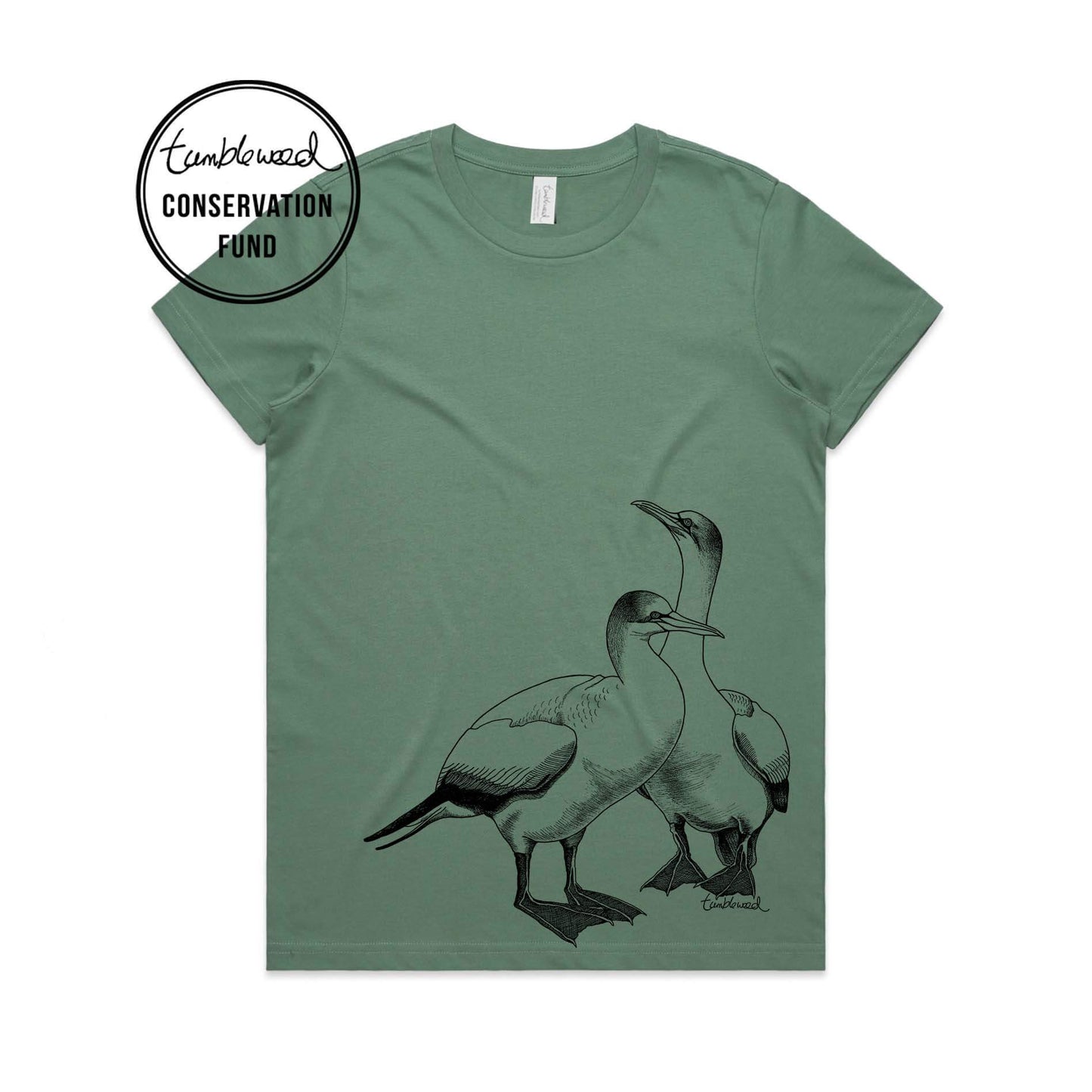Sage, female t-shirt featuring a screen printed gannet design.