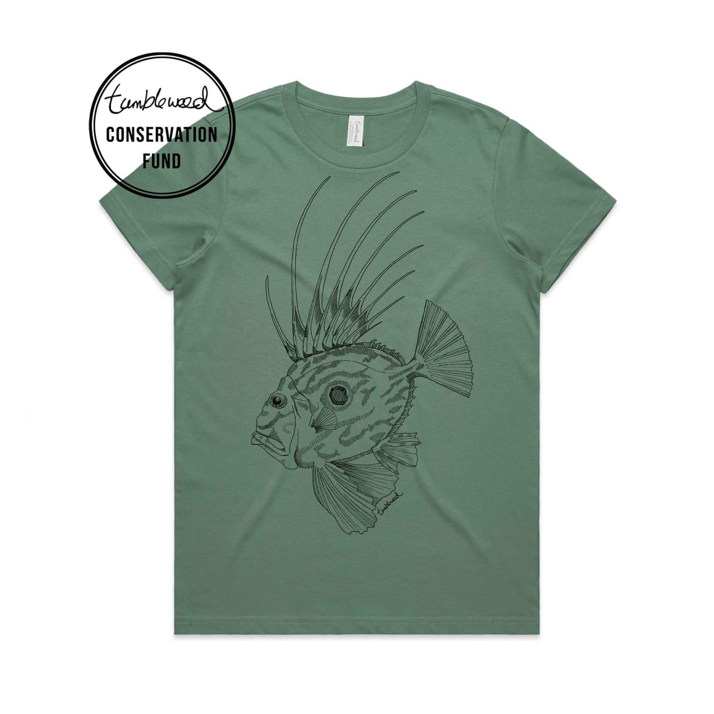 Sage, female t-shirt featuring a screen printed john dory design.