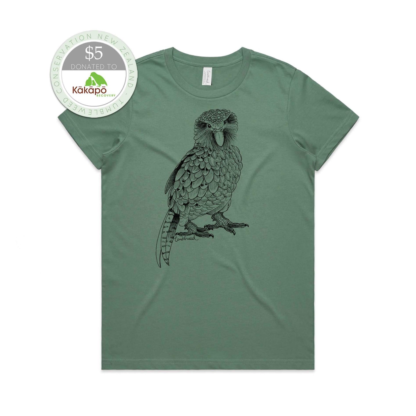 Sage, female t-shirt featuring a screen printed Kākāpō design.
