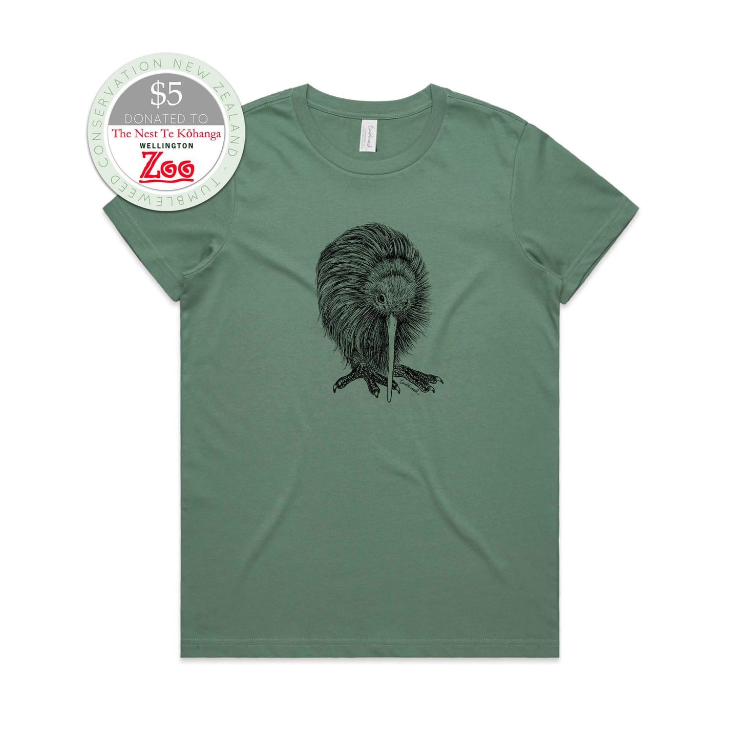 Sage, female t-shirt featuring a screen printed kiwi design.